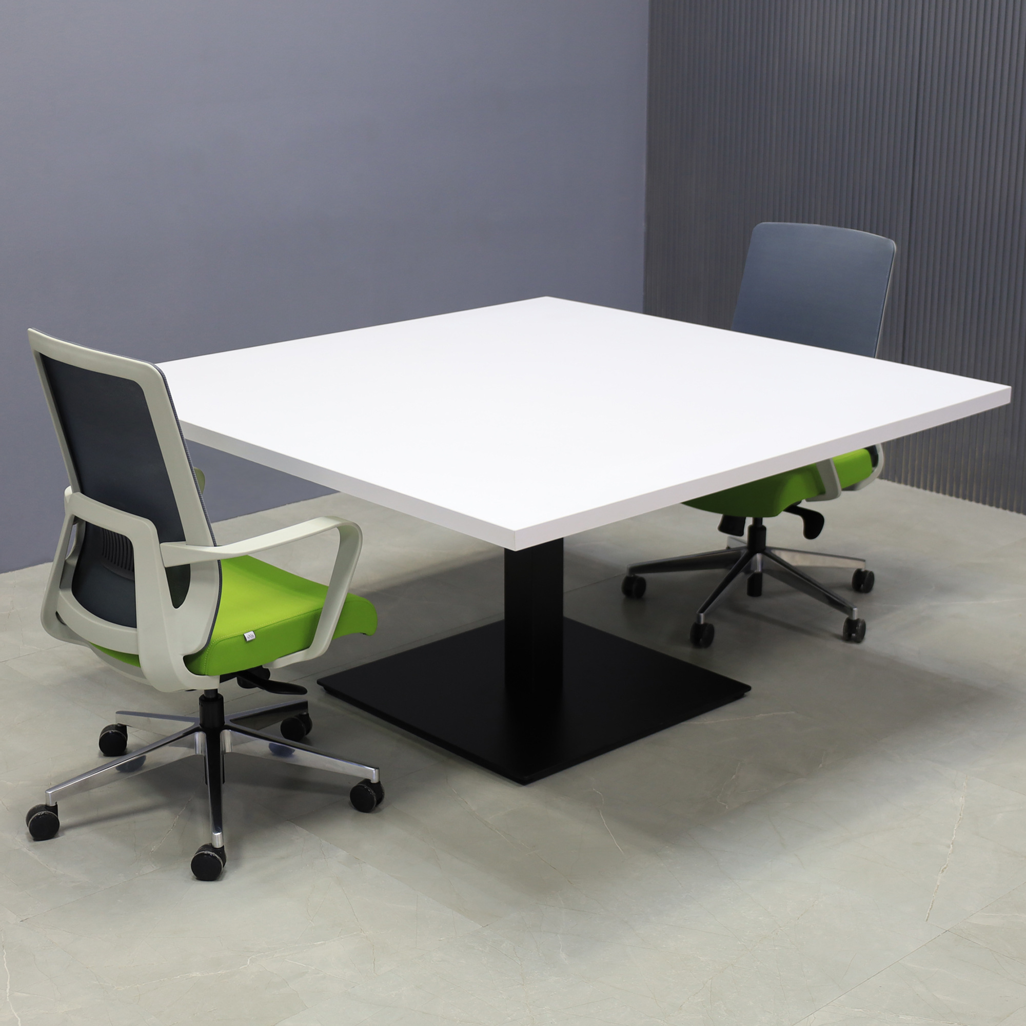 60-inch Newton Square Conference Table with X1 Base in white matte and black metal powder-coated base.