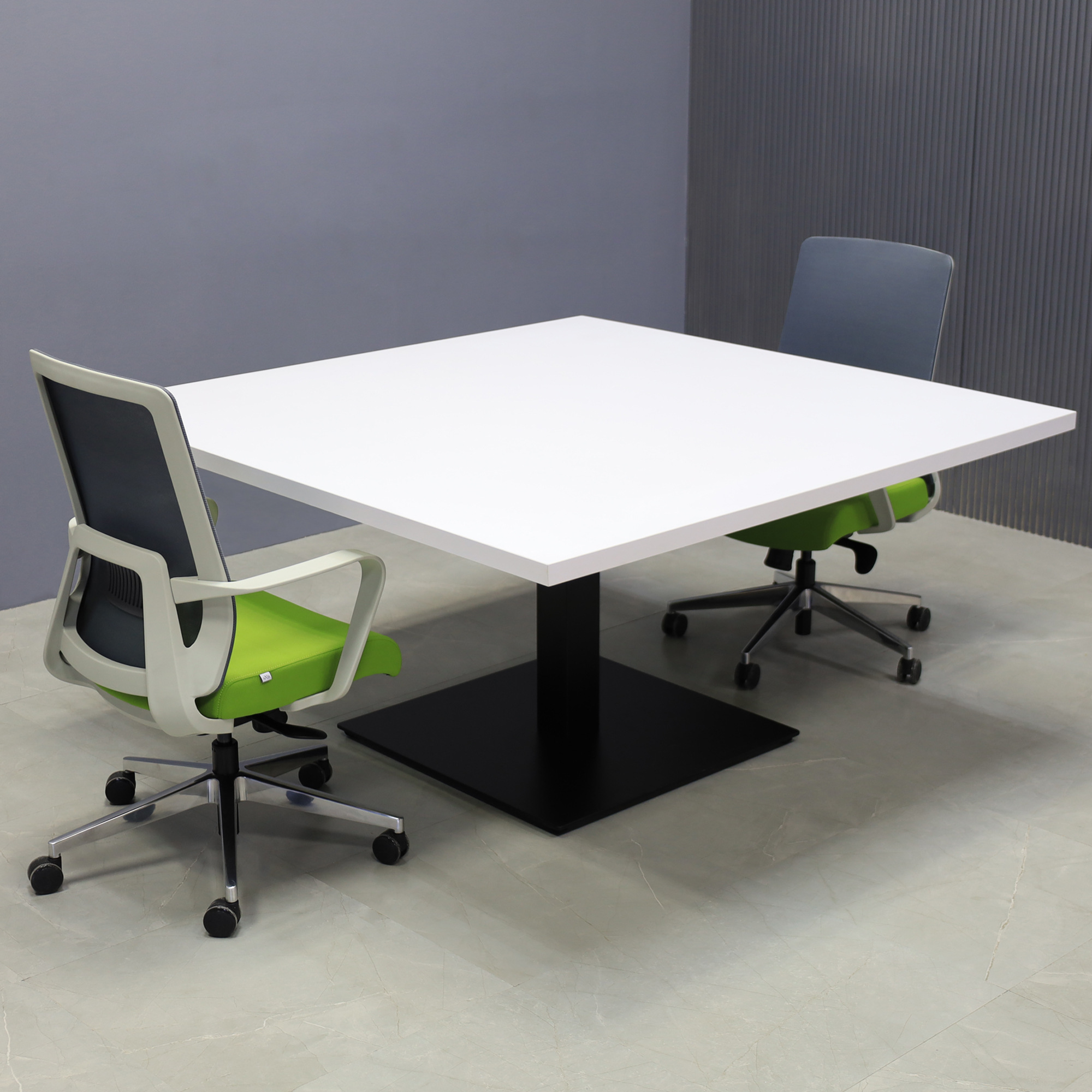 60-inch California Square Conference Table with Laminate Top in white matte and black stainless steel base, shown here.