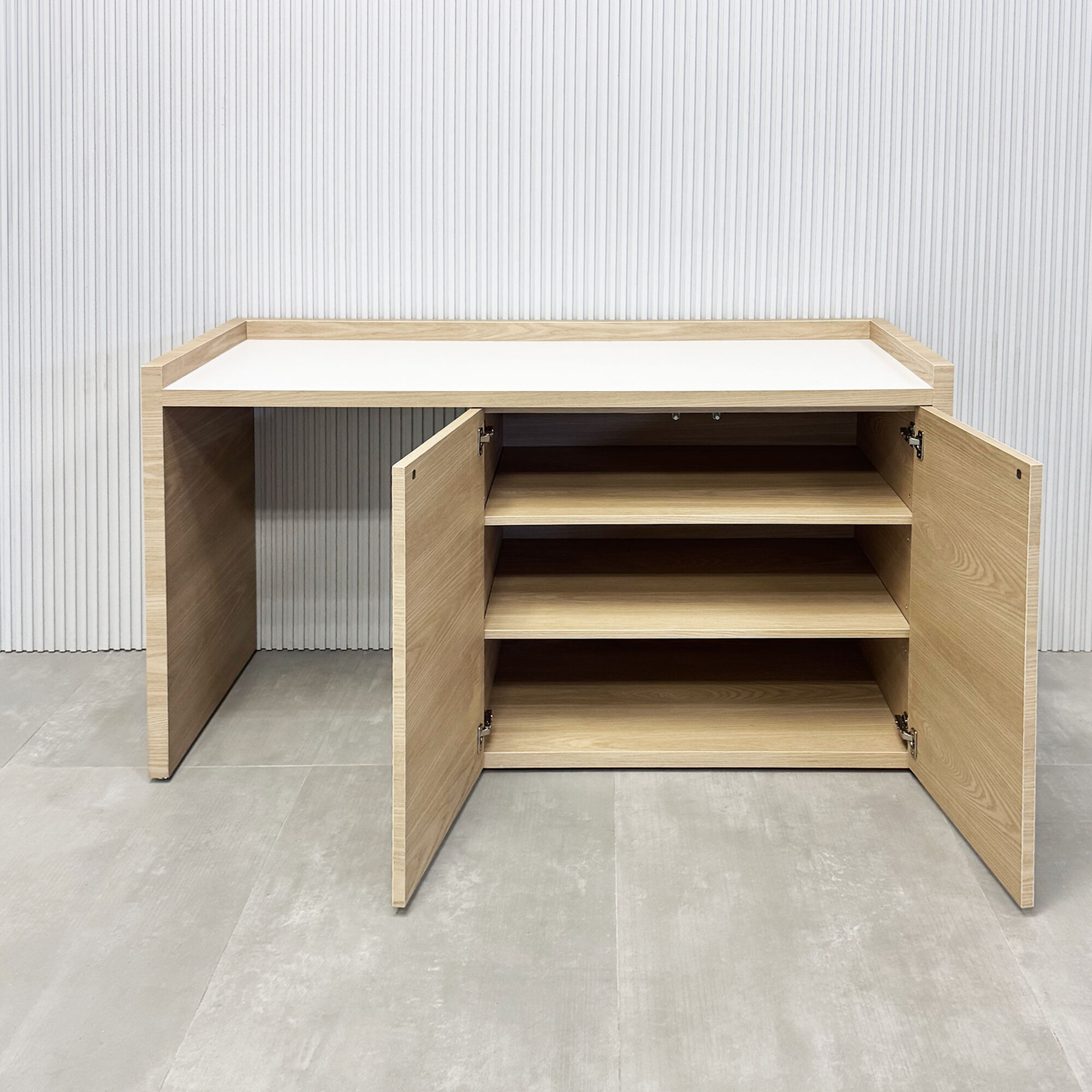 60-inch Avenue Beverage Server Station with white matte laminate top and natural ash matte PVC doors & main body.