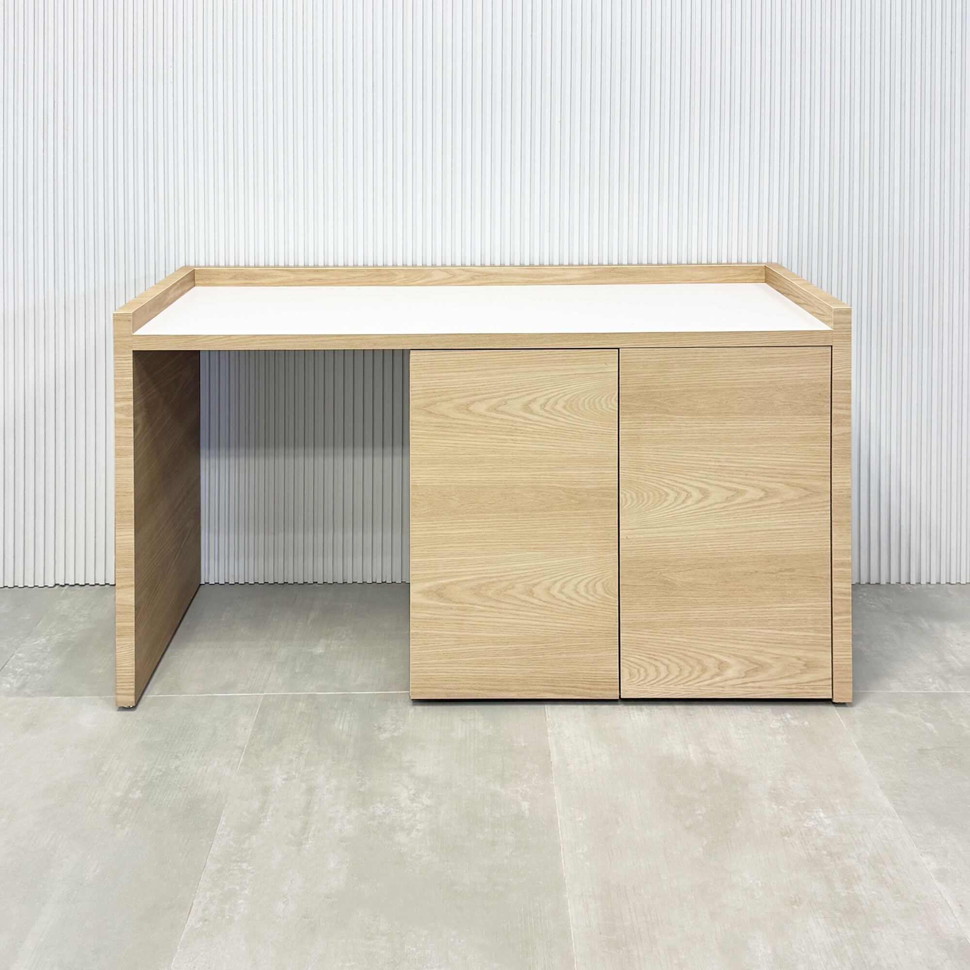 60-inch Avenue Beverage Server Station with white matte laminate top and natural ash matte PVC doors & main body.