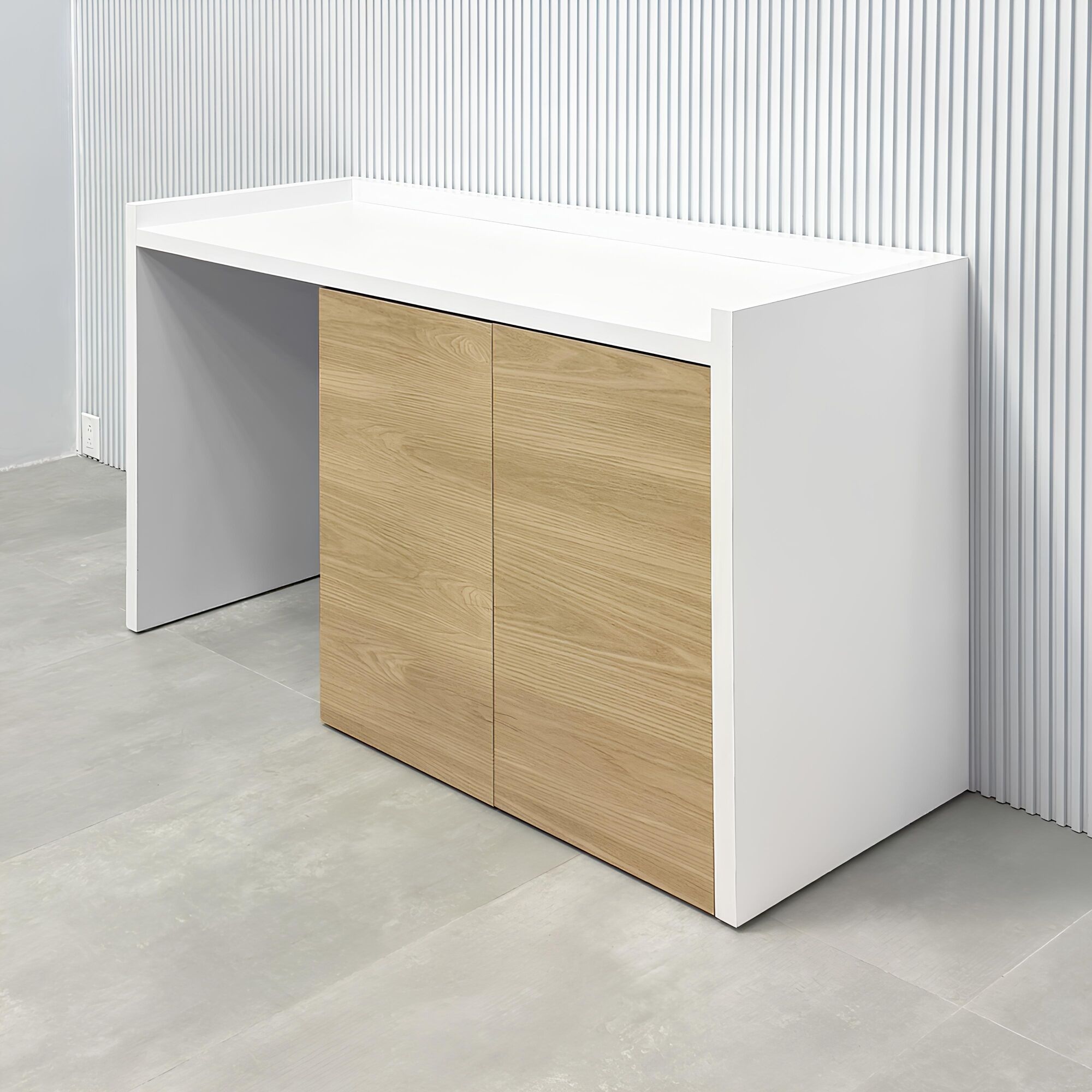 60-inch Avenue Beverage Server Station with white matte laminate top, white matte laminate main body, and natural ash matte PVC doors with push-to-open mechanism.