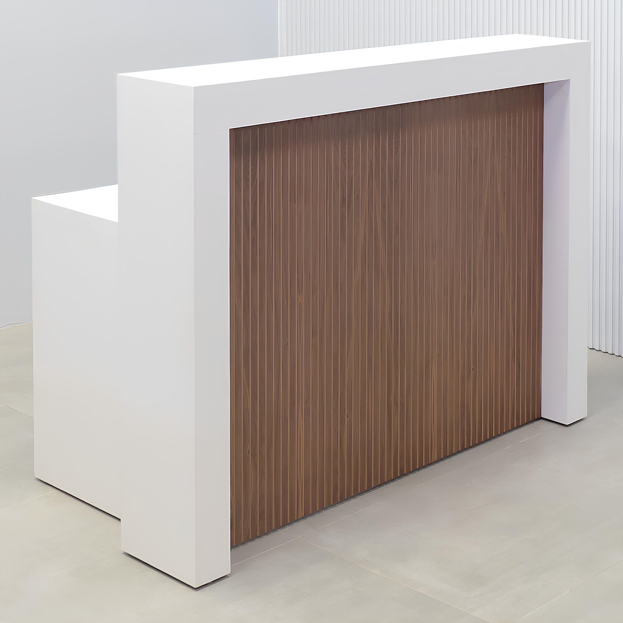60-inch New York Straight Reception Desk with white matte PVC main desk, walnut tambour natural background front panel, white matte PVC accent recessed. 
