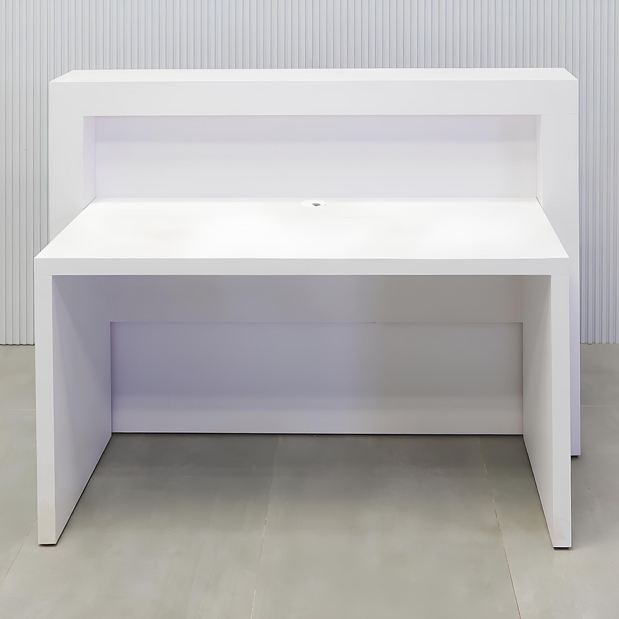 60-inch New York Straight Reception Desk with white matte PVC main desk, walnut tambour natural background front panel, white matte PVC accent recessed.