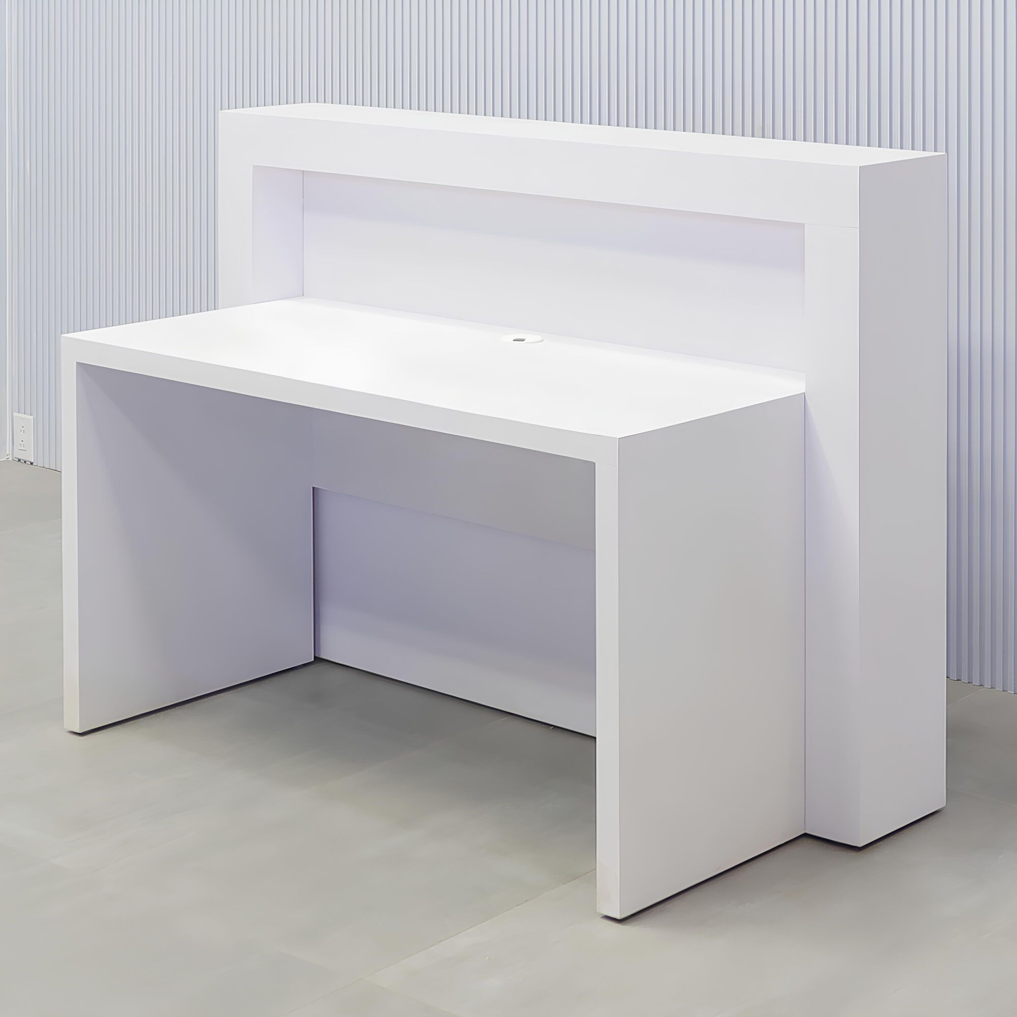 60-inch New York Straight Reception Desk with white matte PVC main desk, walnut tambour natural background front panel, white matte PVC accent recessed.