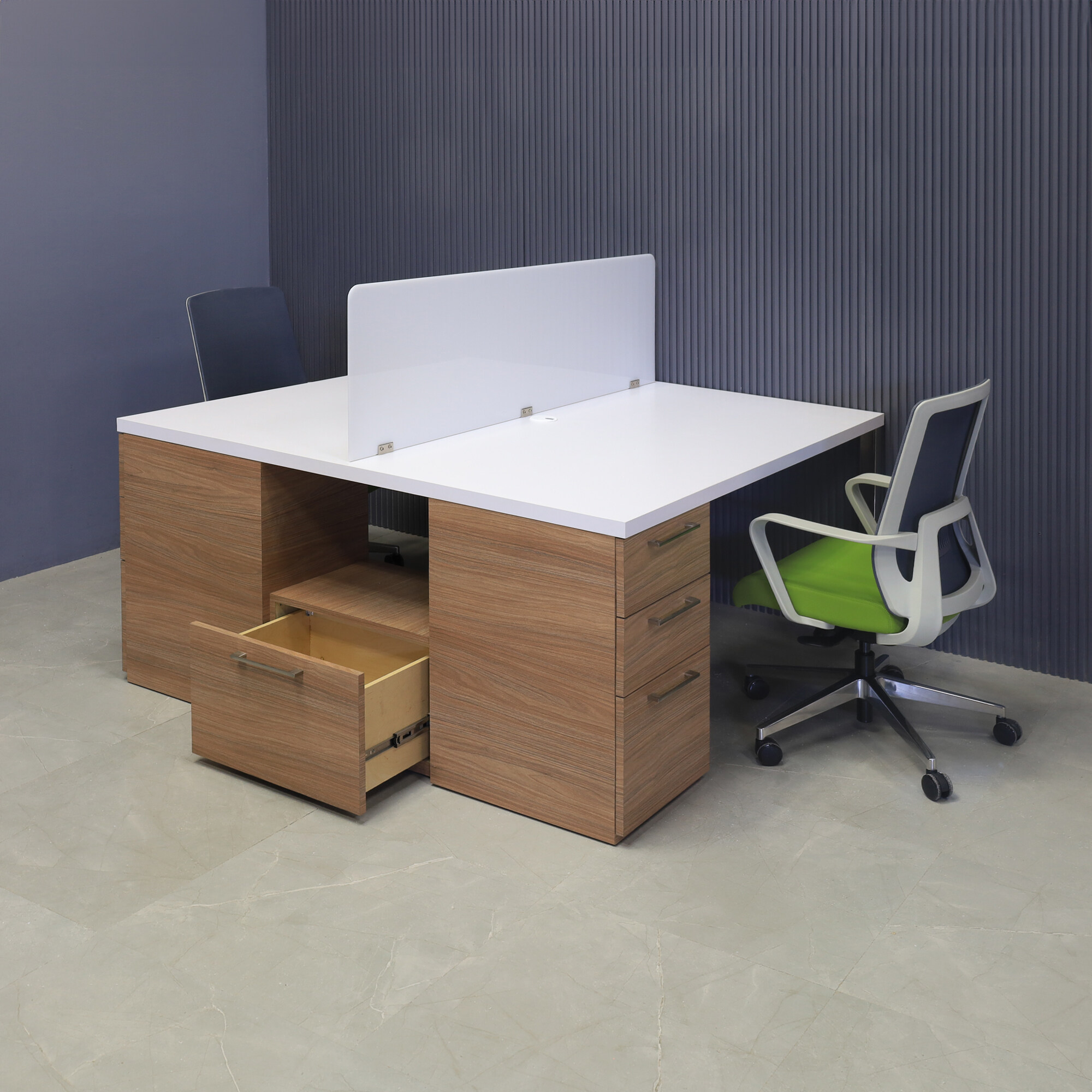 60-inch Dallas Custom Workstation with storage in white matte laminate, uptown walnut matte laminate storage, white acrylic partition, and brushed stainless legs.