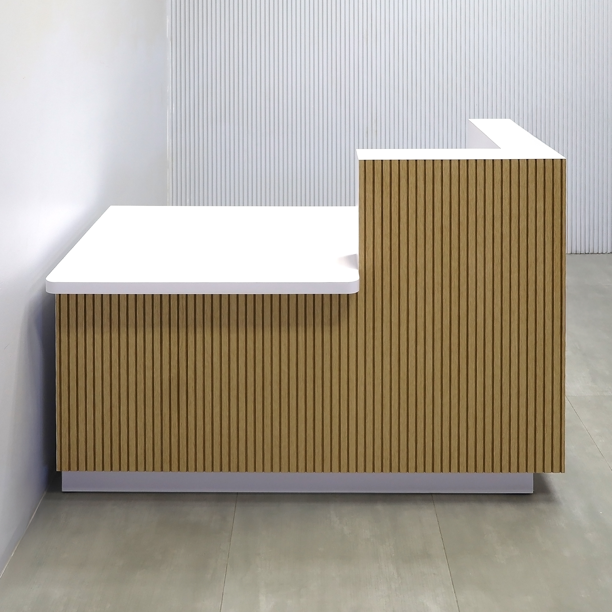 60-inch Dallas Reception Desk with White Oak tambour desk, White Matte laminate workspace, and White Matte laminate Toe-Kick.