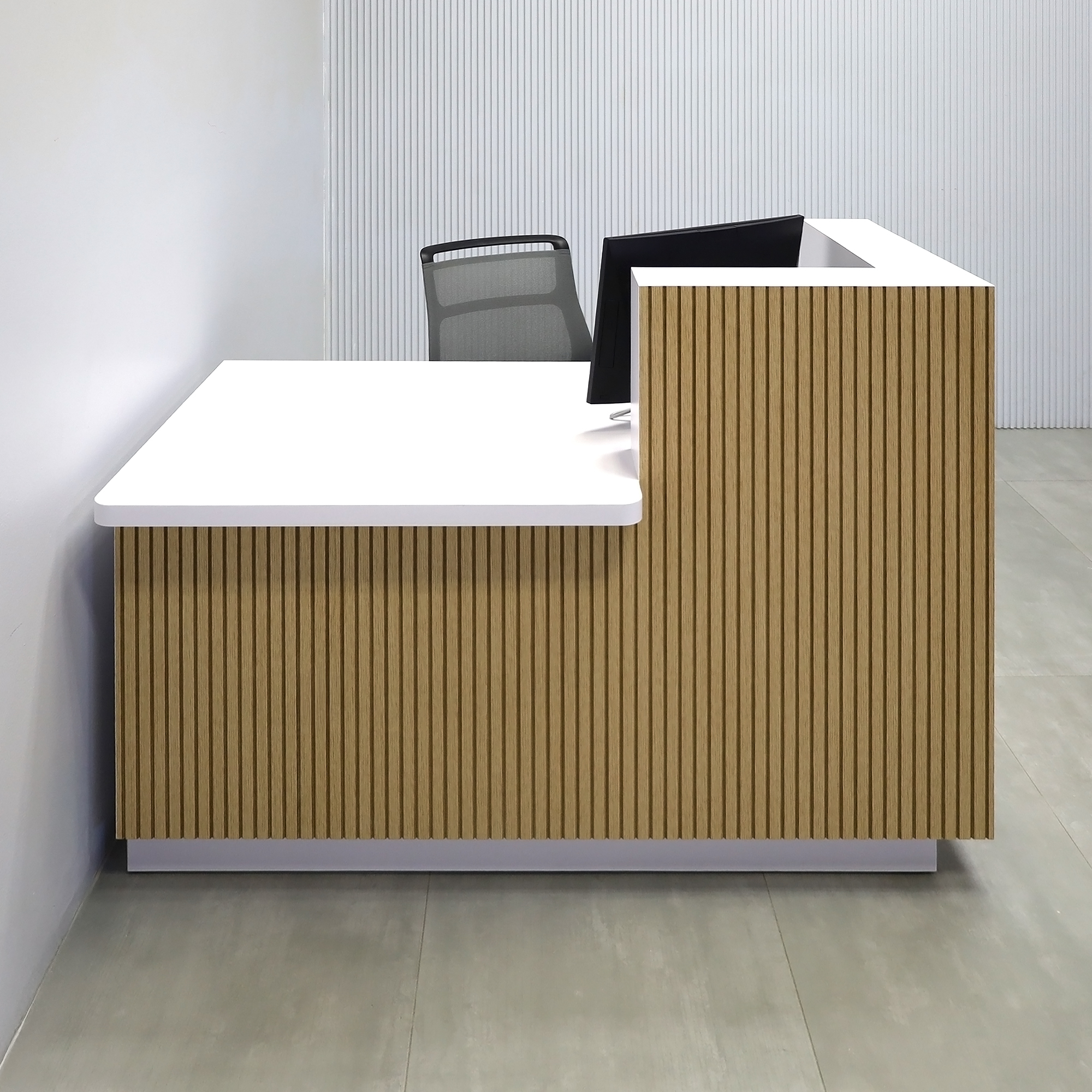 60-inch Dallas Reception Desk with White Oak tambour desk, White Matte laminate workspace, and White Matte laminate Toe-Kick.