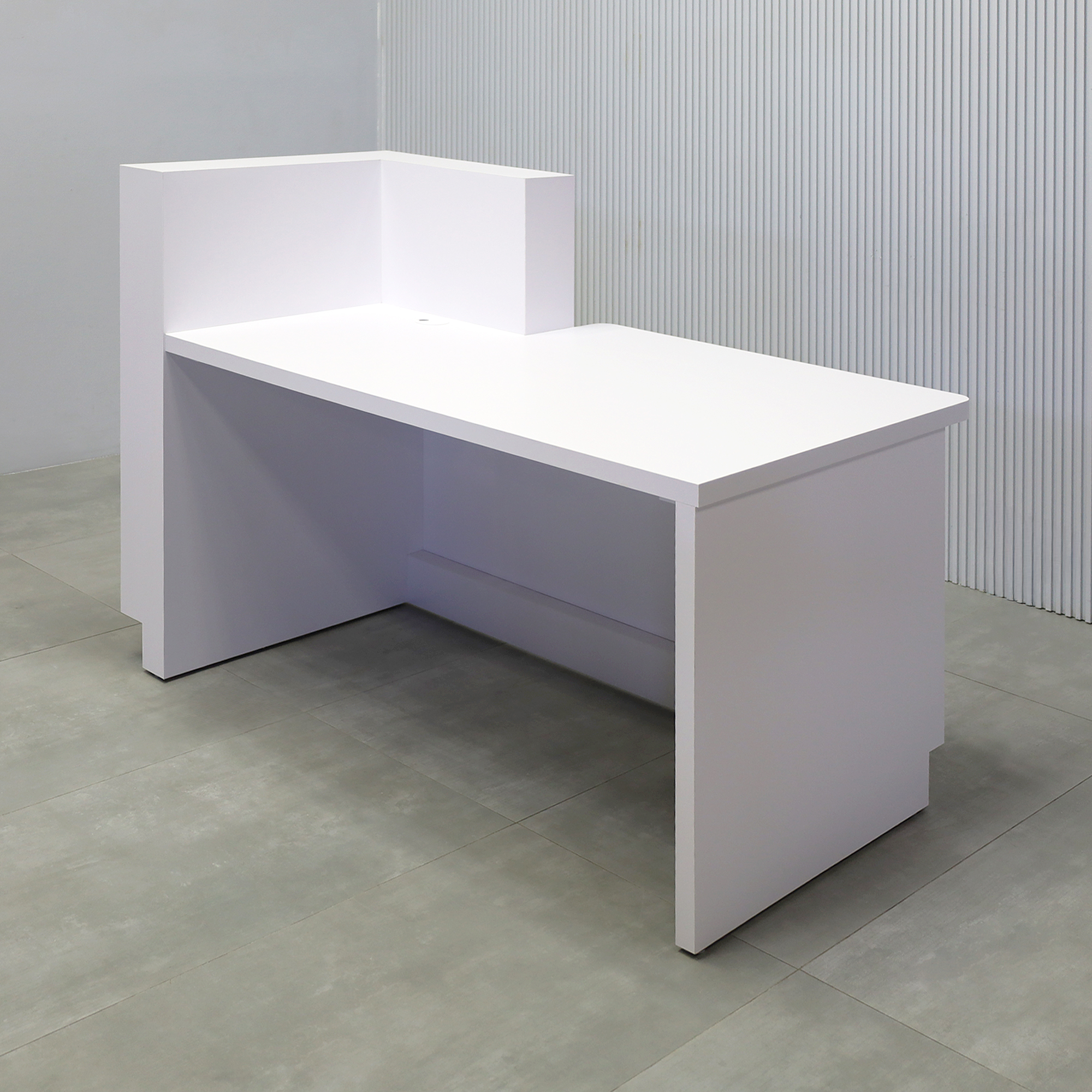 60-inch Dallas Reception Desk with White Oak tambour desk, White Matte laminate workspace, and White Matte laminate Toe-Kick.