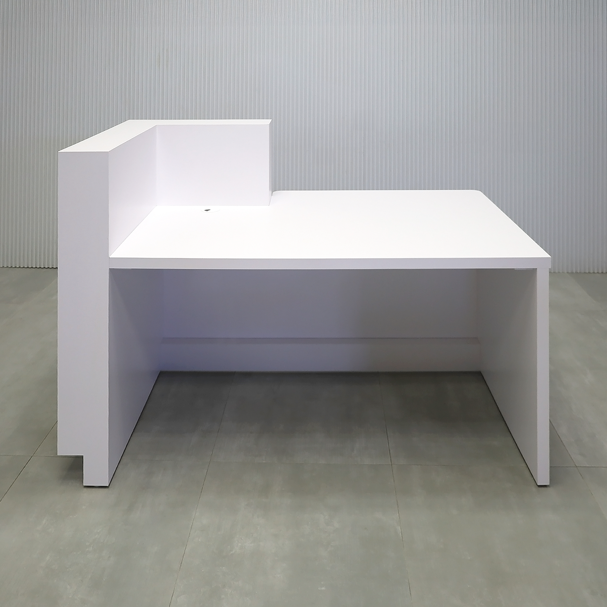 60-inch Dallas Reception Desk with White Oak tambour desk, White Matte laminate workspace, and White Matte laminate Toe-Kick.