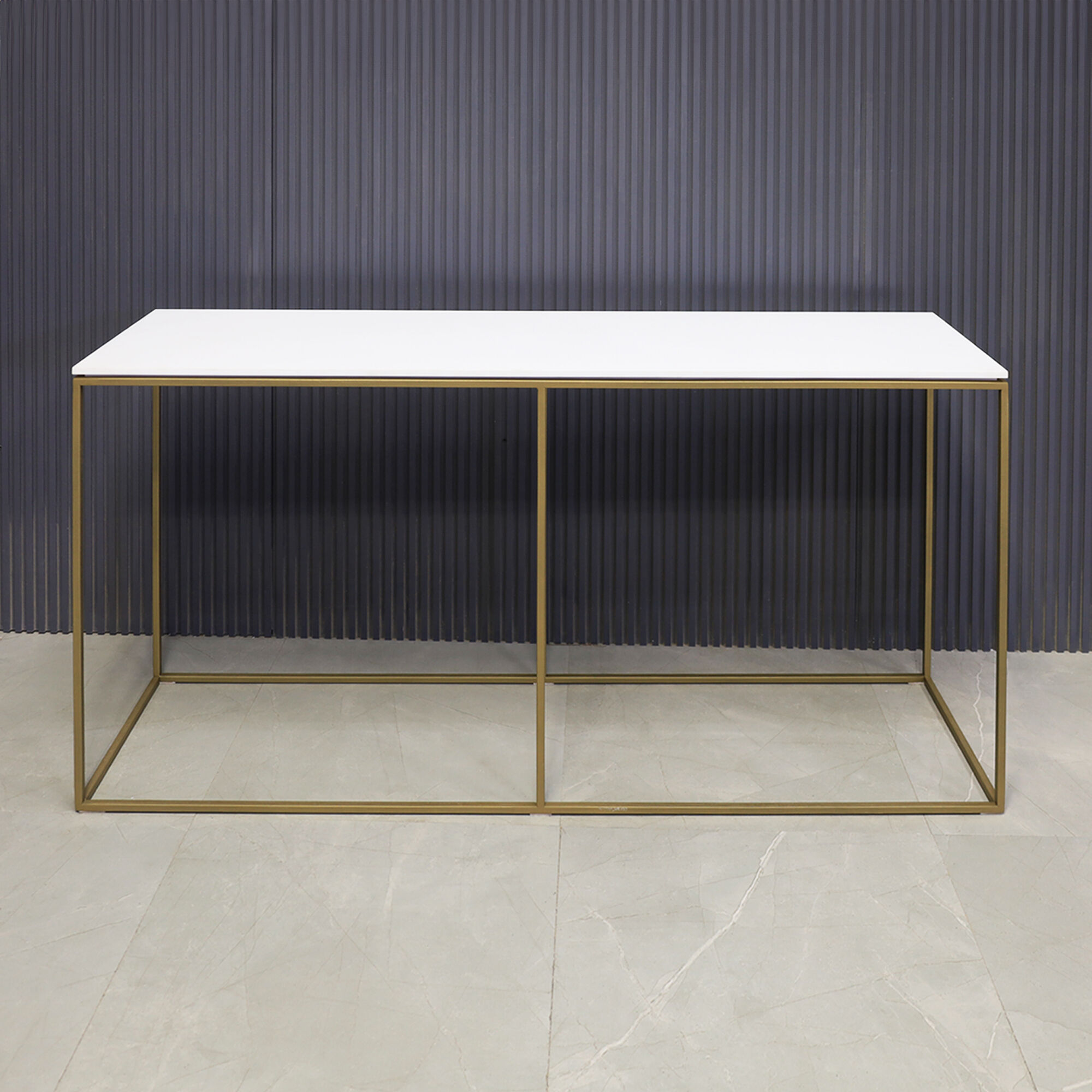 60-inch Aspen Console Table in 1/2-inch white solid engineered surface top and gold metal frame.