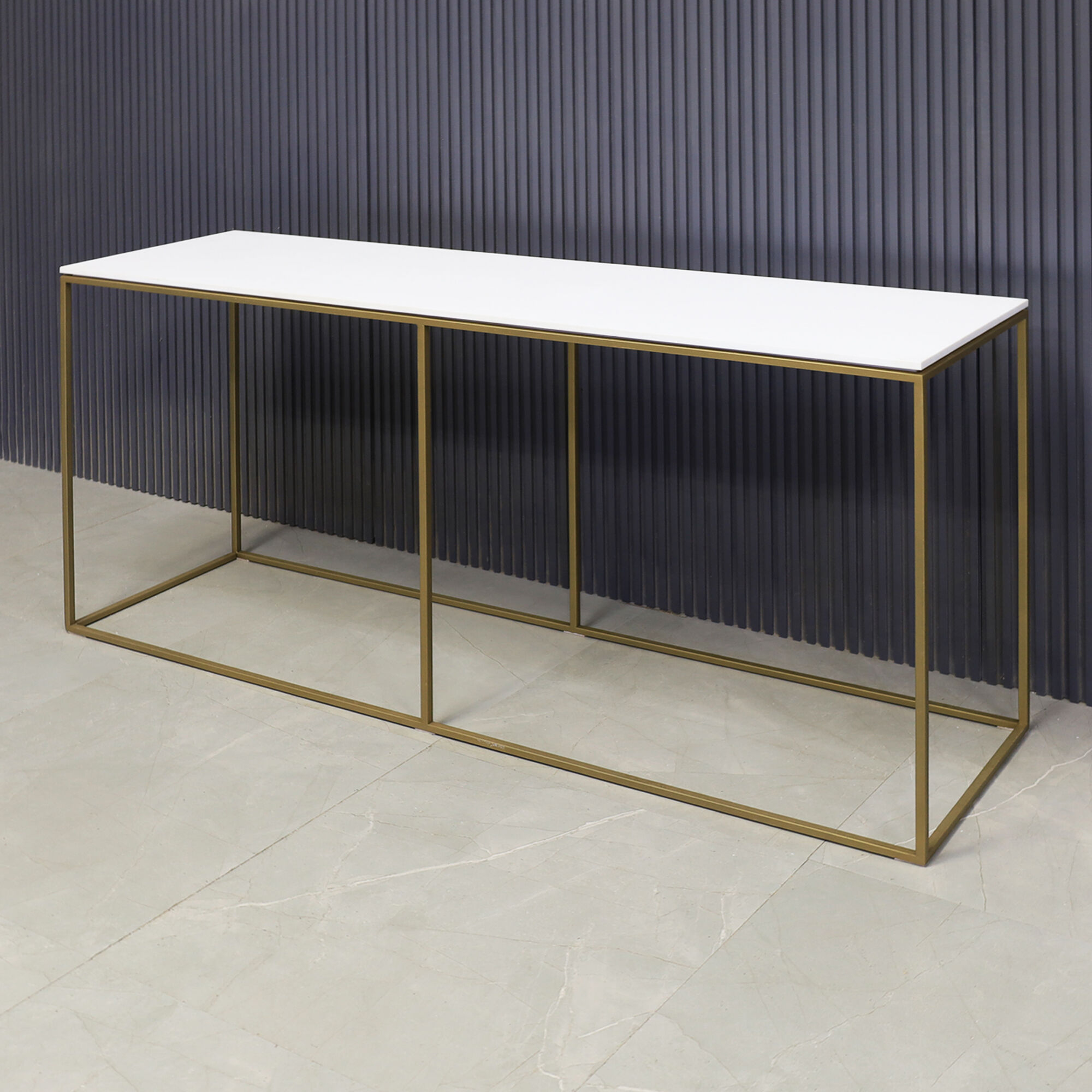 60-inch Aspen Console Table in 1/2-inch white solid engineered surface top and gold metal frame.