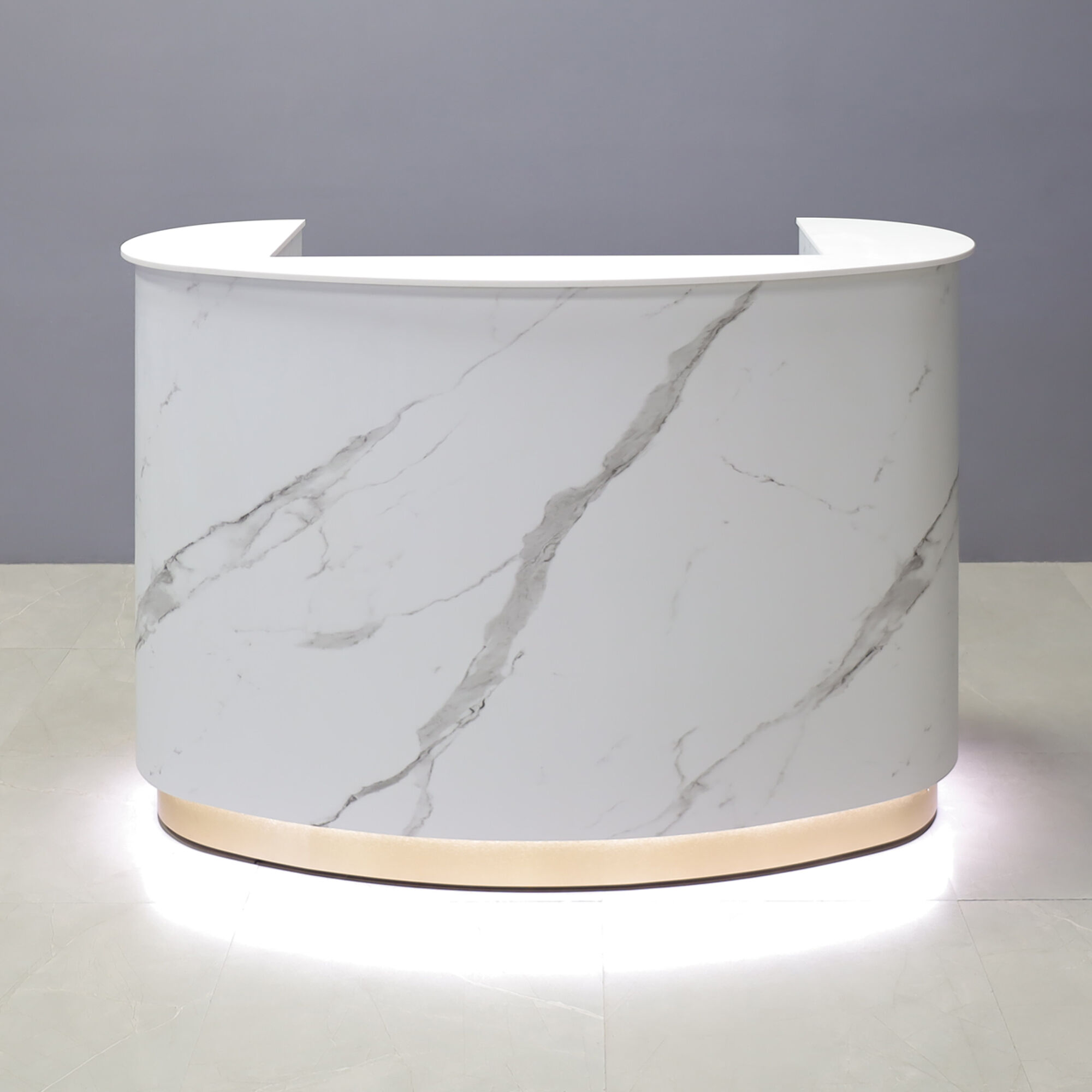 The Pill Reception Desk in White Solid Engineered Surface Top 62 In. Stock 230