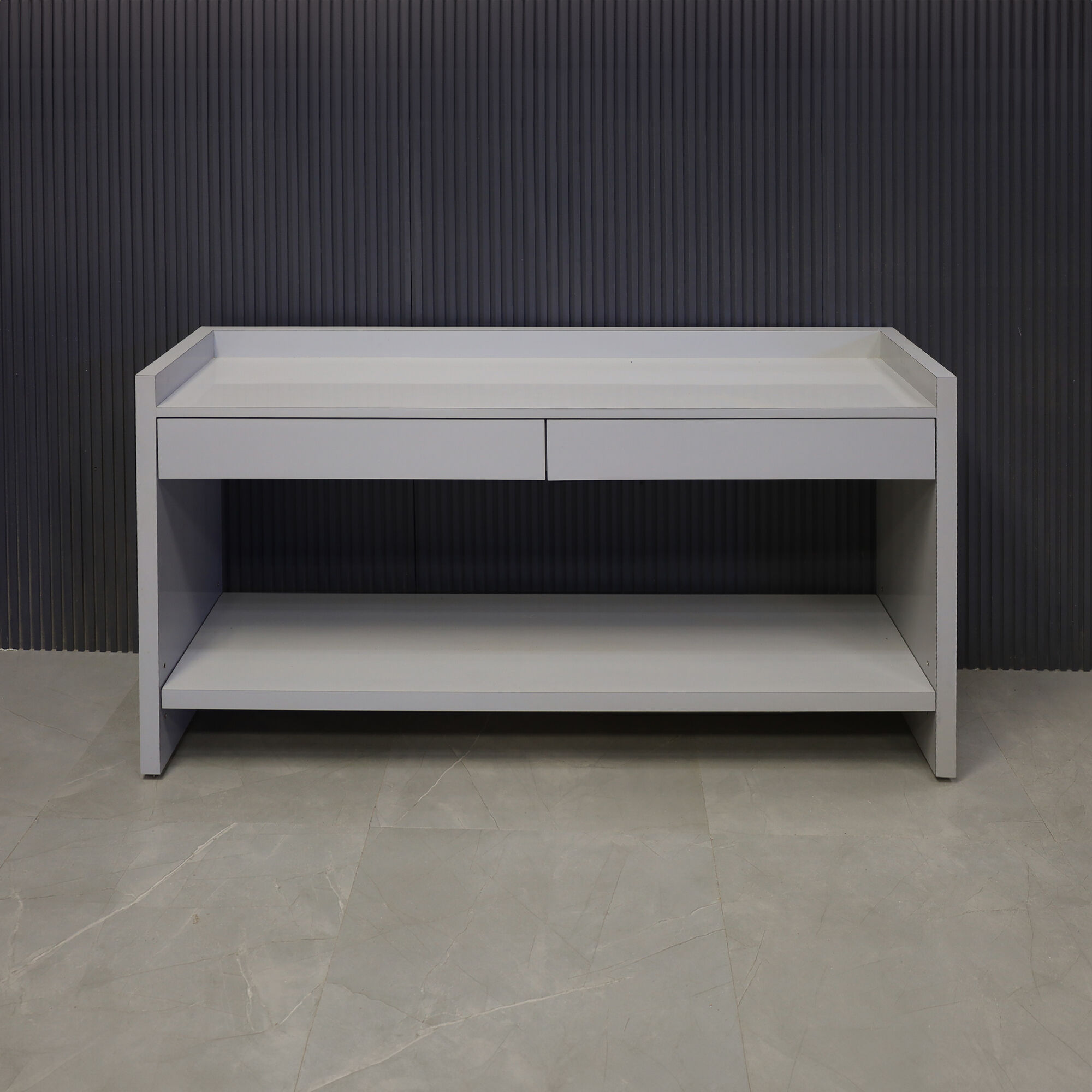 60-inch Avenue Console Table with 1/2 white solid engineered surface top and folkstone gray gloss laminate console.