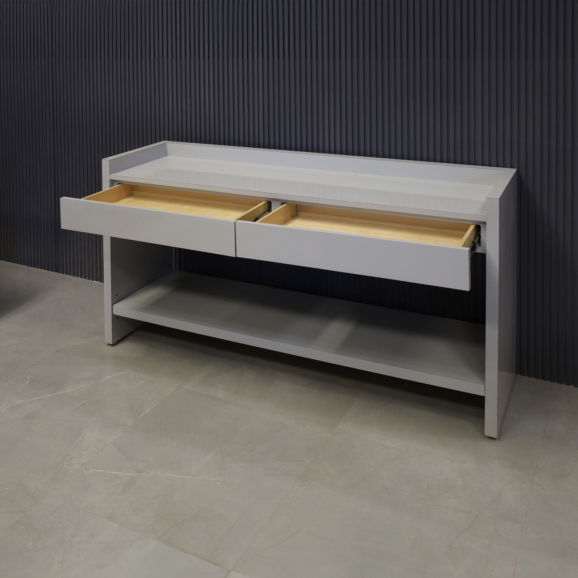 60-inch Avenue Console Table with 1/2 white solid engineered surface top and folkstone gray gloss laminate console.