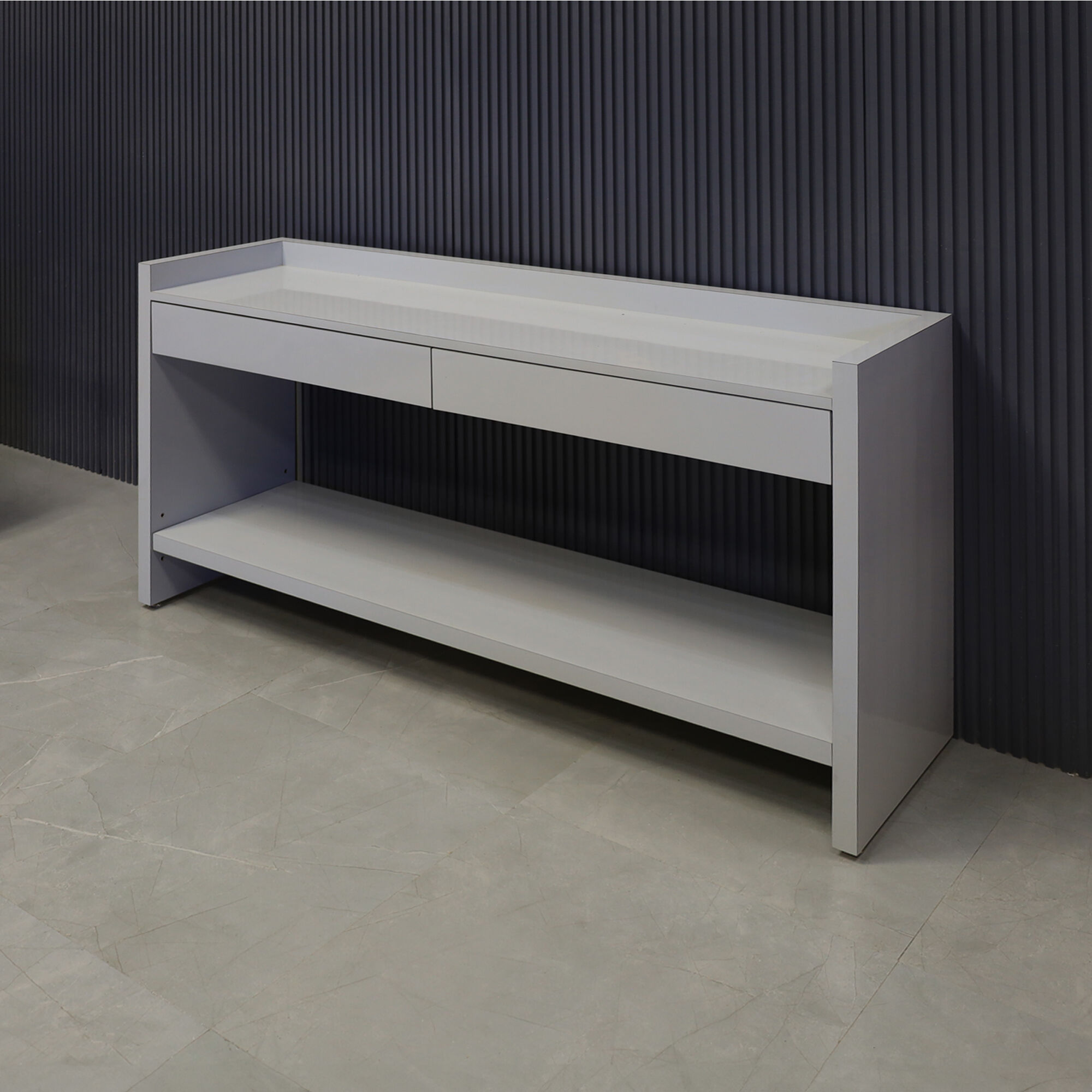 60-inch Avenue Console Table with 1/2 white solid engineered surface top and folkstone gray gloss laminate console.
