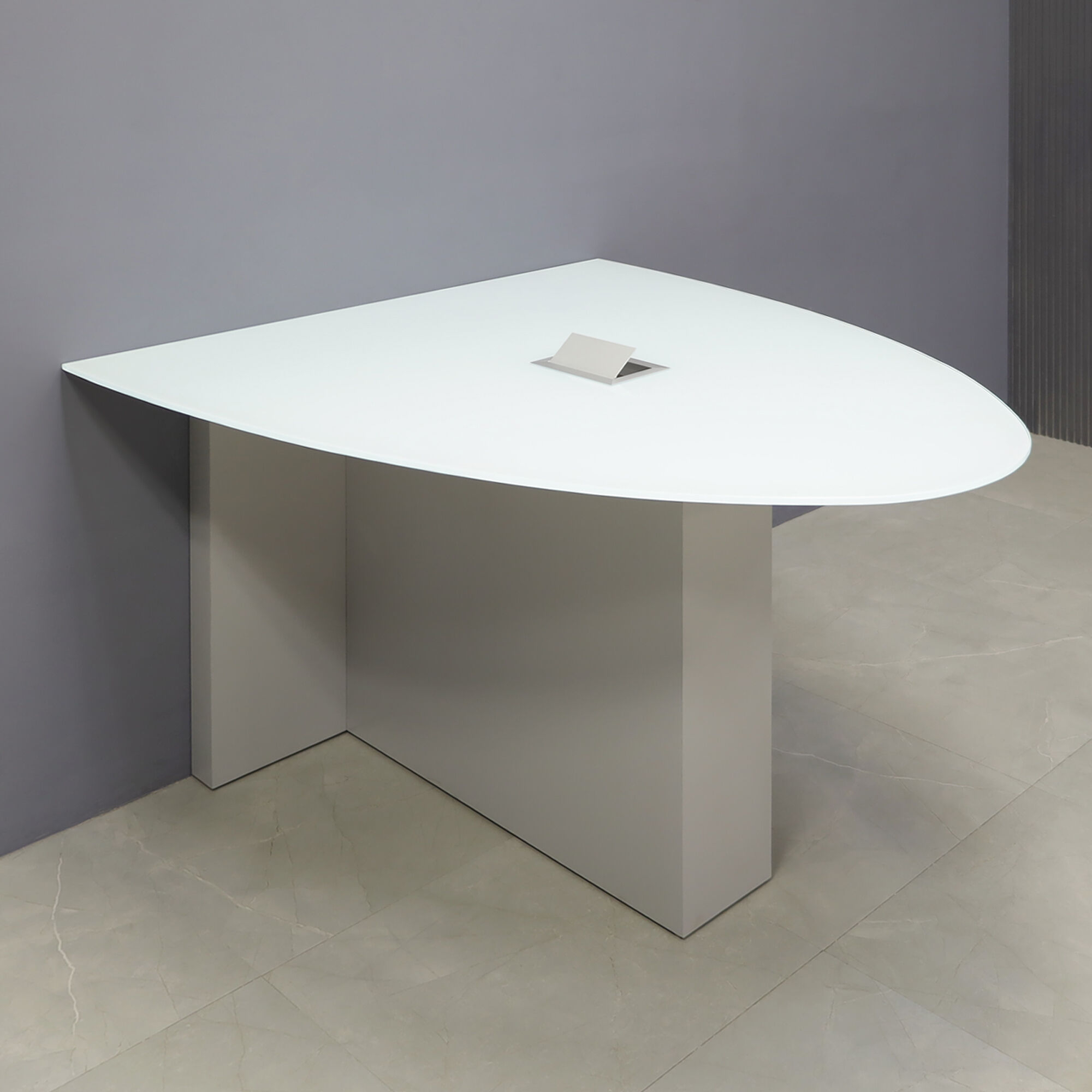 60-inch Collaboration Table in 1/2-inch white tempered glass top, and folkstone gray matte laminate base, with silver MX3 power box.