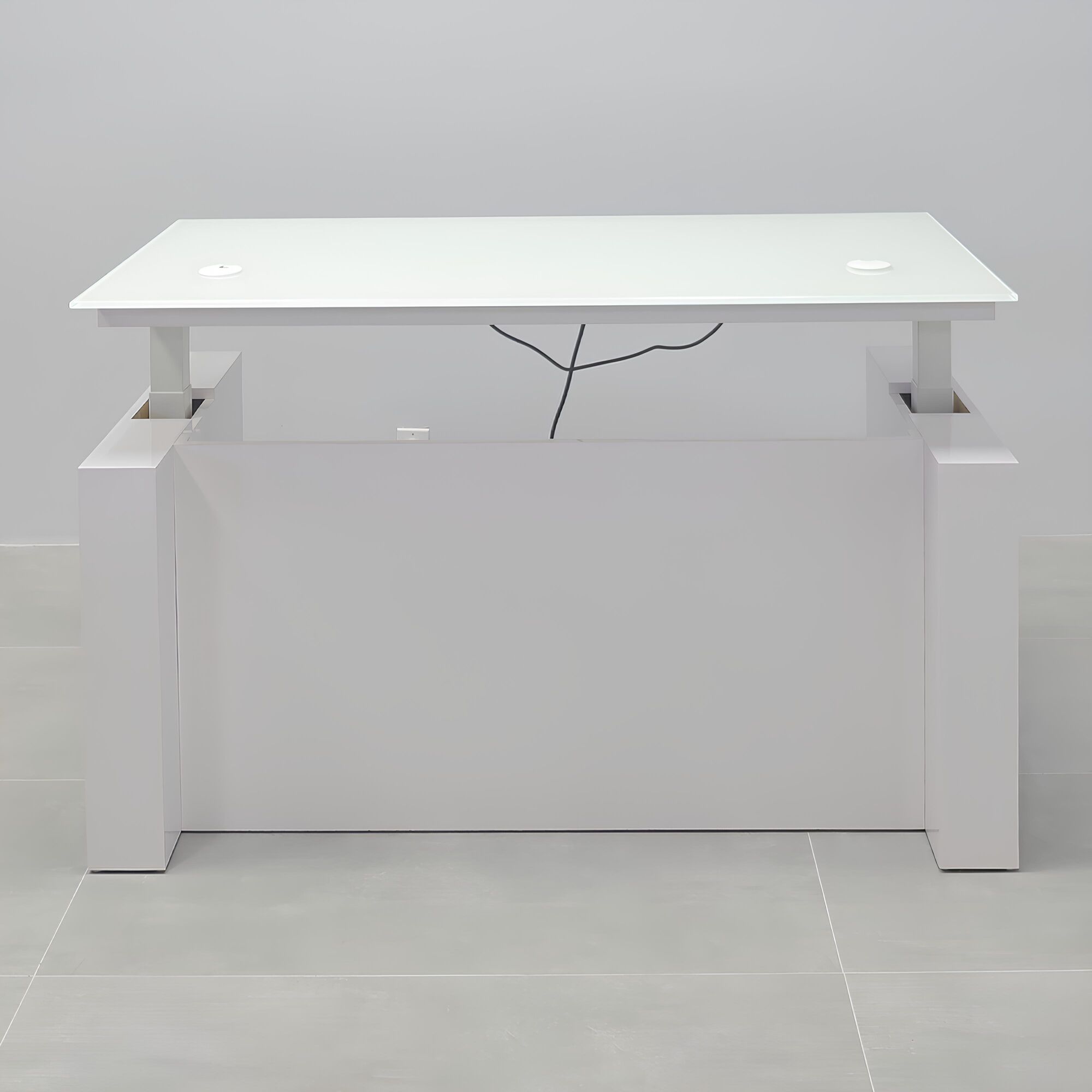 60-inch Denver Straight Glass Executive Desk with Sit-Stand Mechanism, white tempered glass top, white gloss laminate base privacy panel, and sit-stand mechanism.
