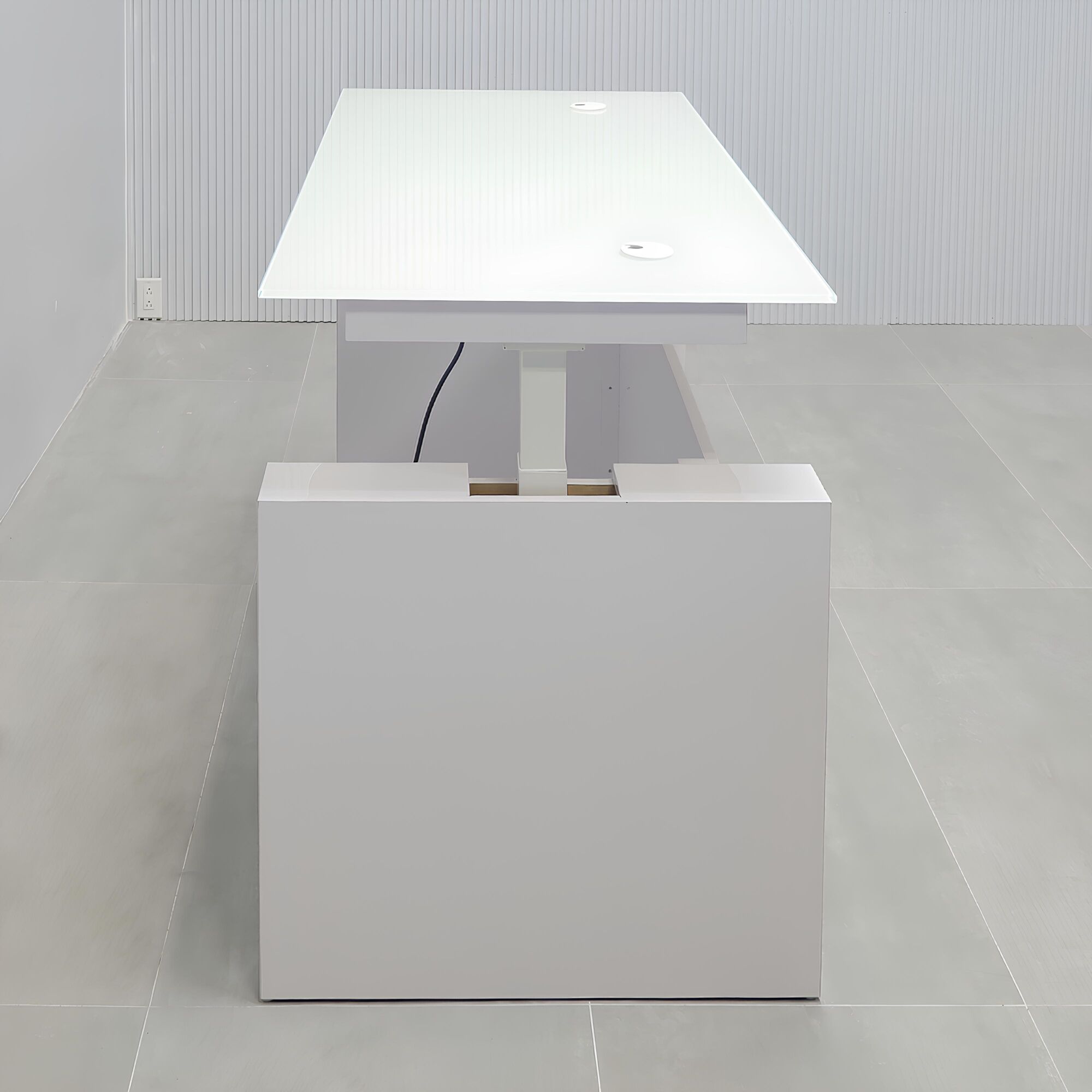 60-inch Denver Straight Glass Executive Desk with Sit-Stand Mechanism, white tempered glass top, white gloss laminate base privacy panel, and sit-stand mechanism.