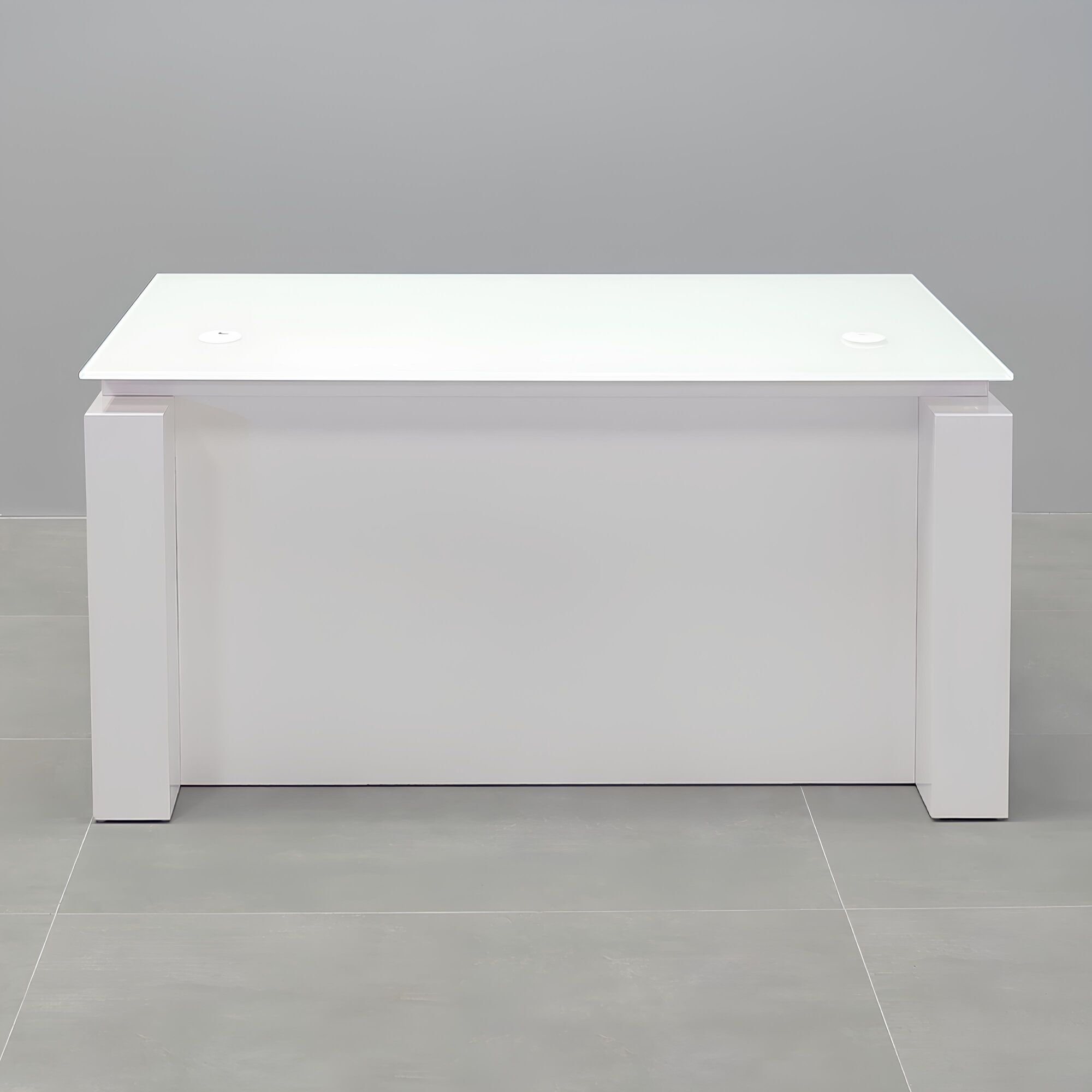 60-inch Denver Straight Glass Executive Desk with Sit-Stand Mechanism, white tempered glass top, white gloss laminate base privacy panel, and sit-stand mechanism.