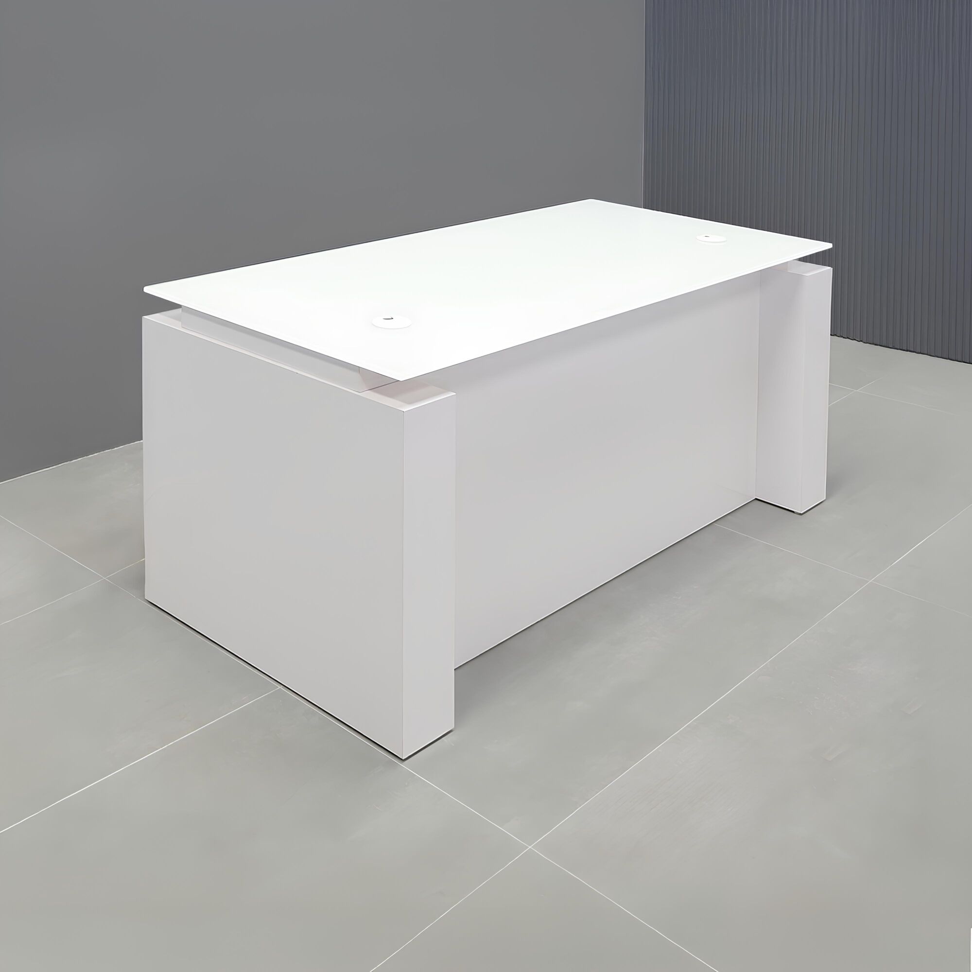 60-inch Denver Straight Glass Executive Desk with Sit-Stand Mechanism, white tempered glass top, white gloss laminate base privacy panel, and sit-stand mechanism.