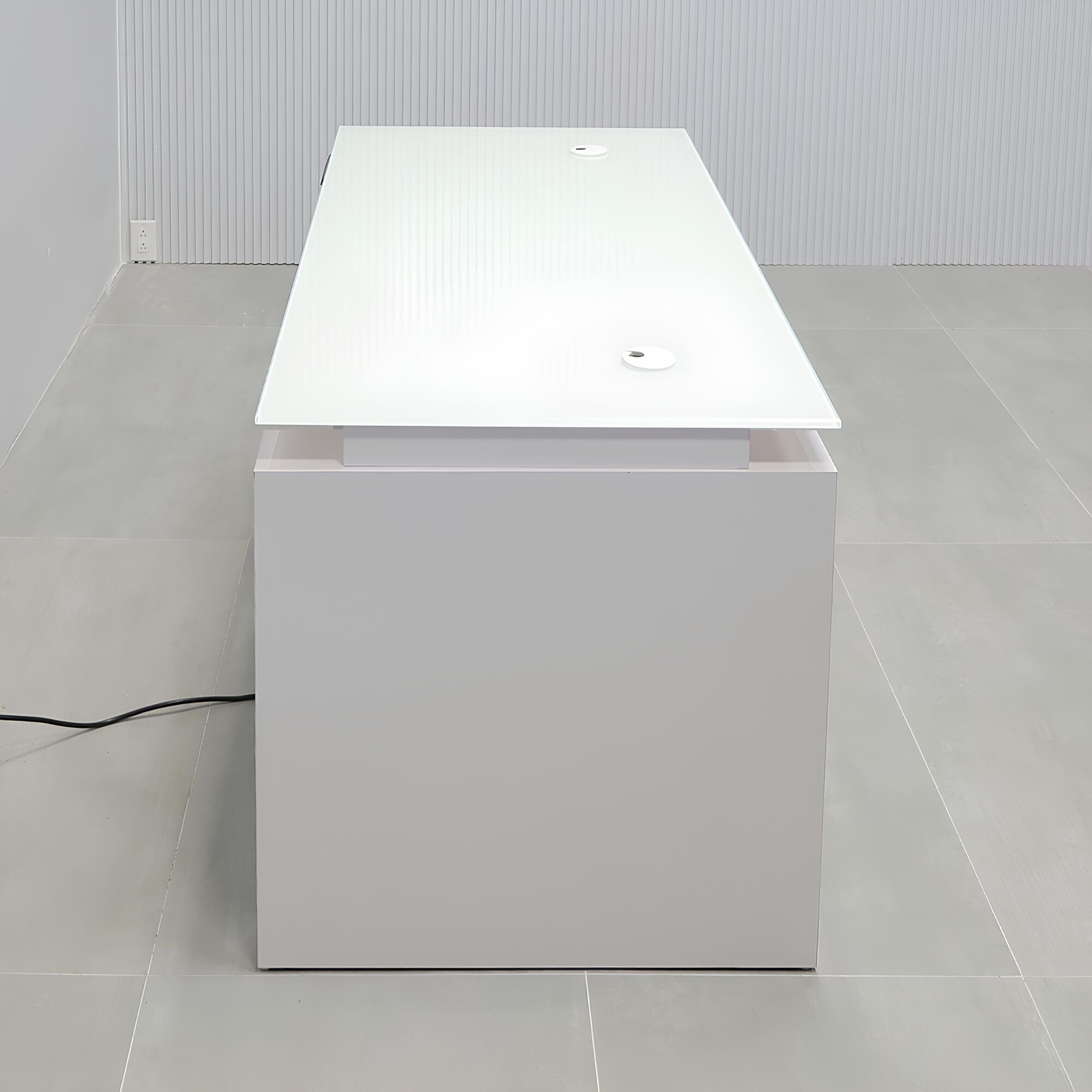 60-inch Denver Straight Glass Executive Desk with Sit-Stand Mechanism, white tempered glass top, white gloss laminate base privacy panel, and sit-stand mechanism.
