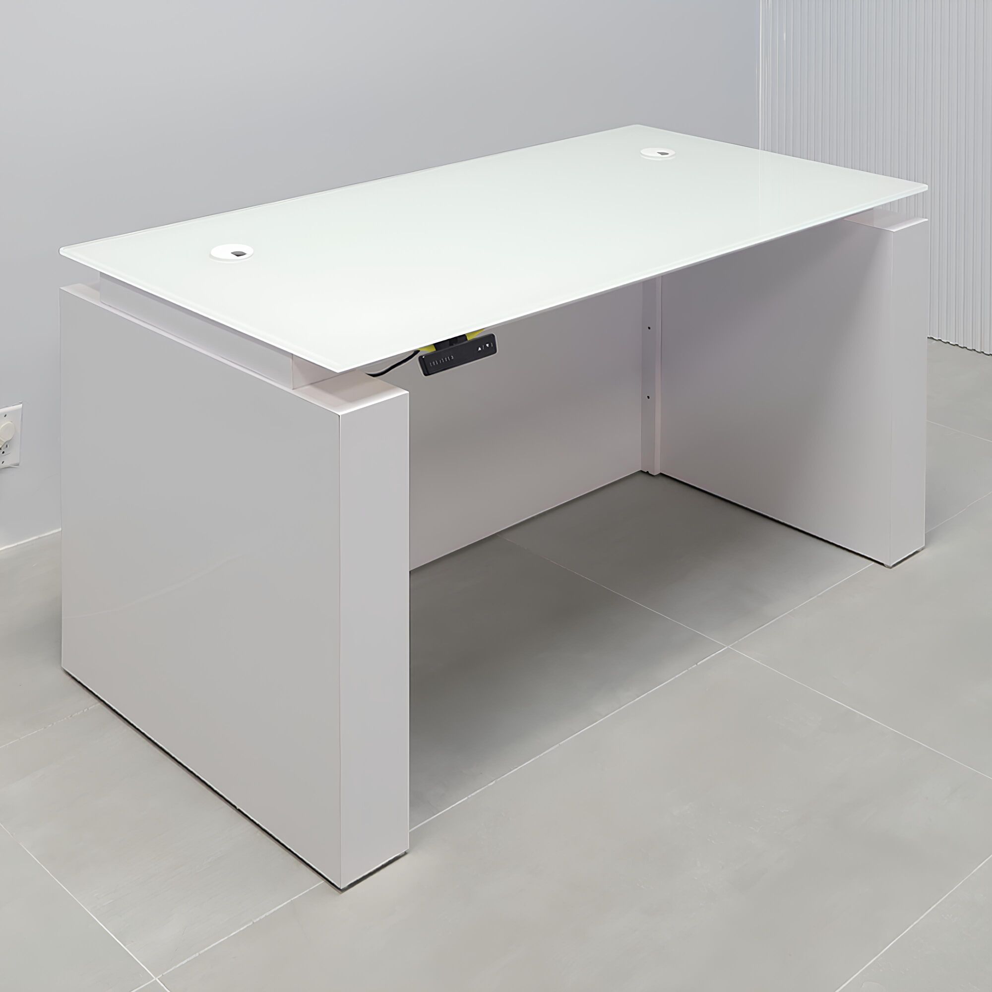 60-inch Denver Straight Glass Executive Desk with Sit-Stand Mechanism, white tempered glass top, white gloss laminate base privacy panel, and sit-stand mechanism.