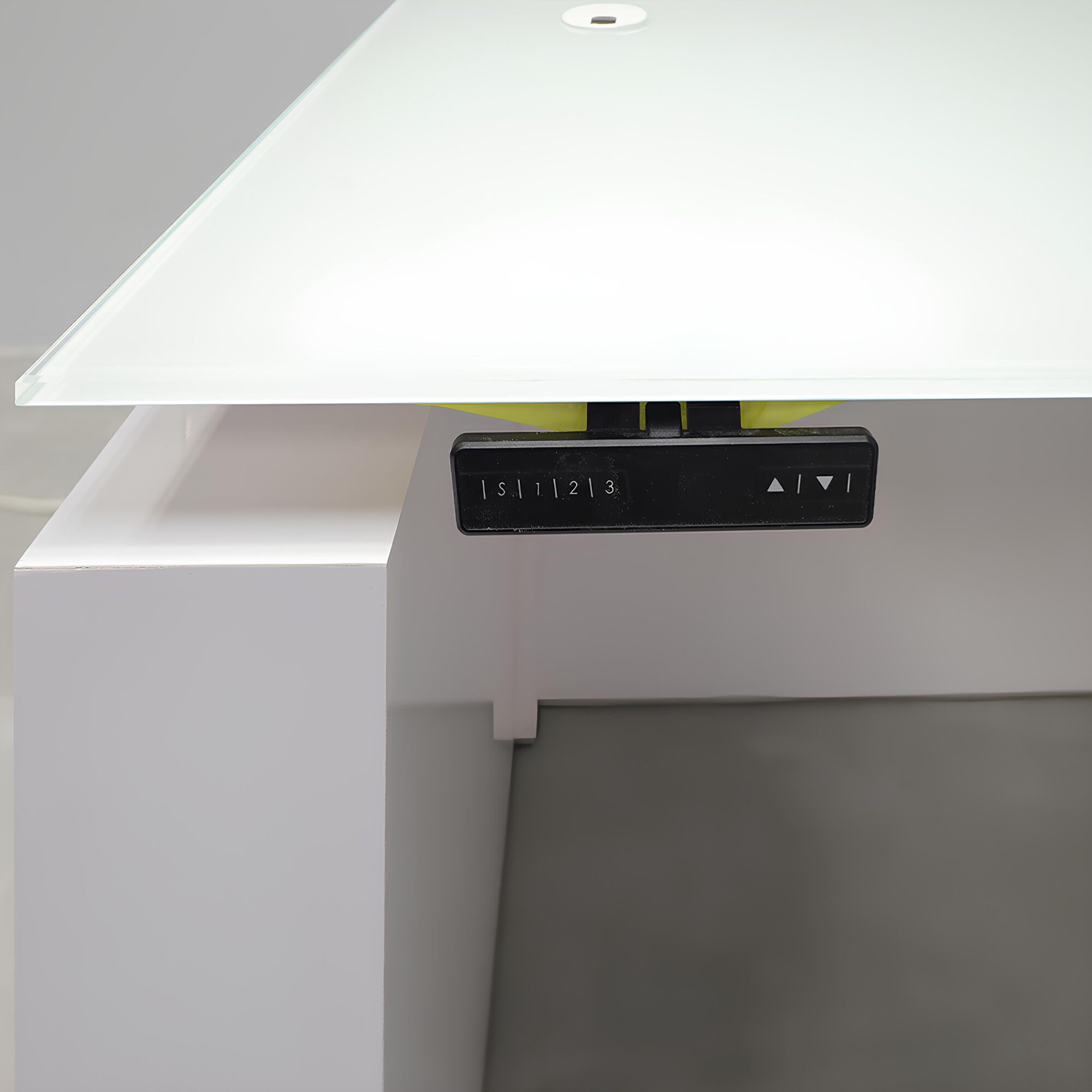 60-inch Denver Straight Glass Executive Desk with Sit-Stand Mechanism, white tempered glass top, white gloss laminate base privacy panel, and sit-stand mechanism.