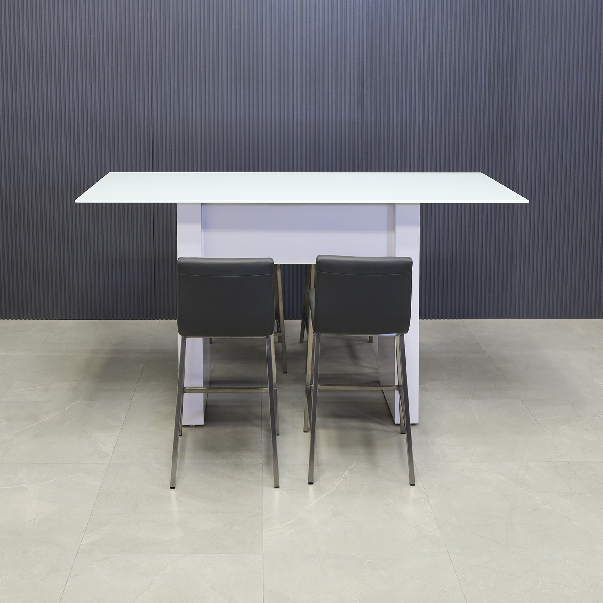 Windsor Tempered Glass Bar Table in white top and white gloss laminate base finish shown here.