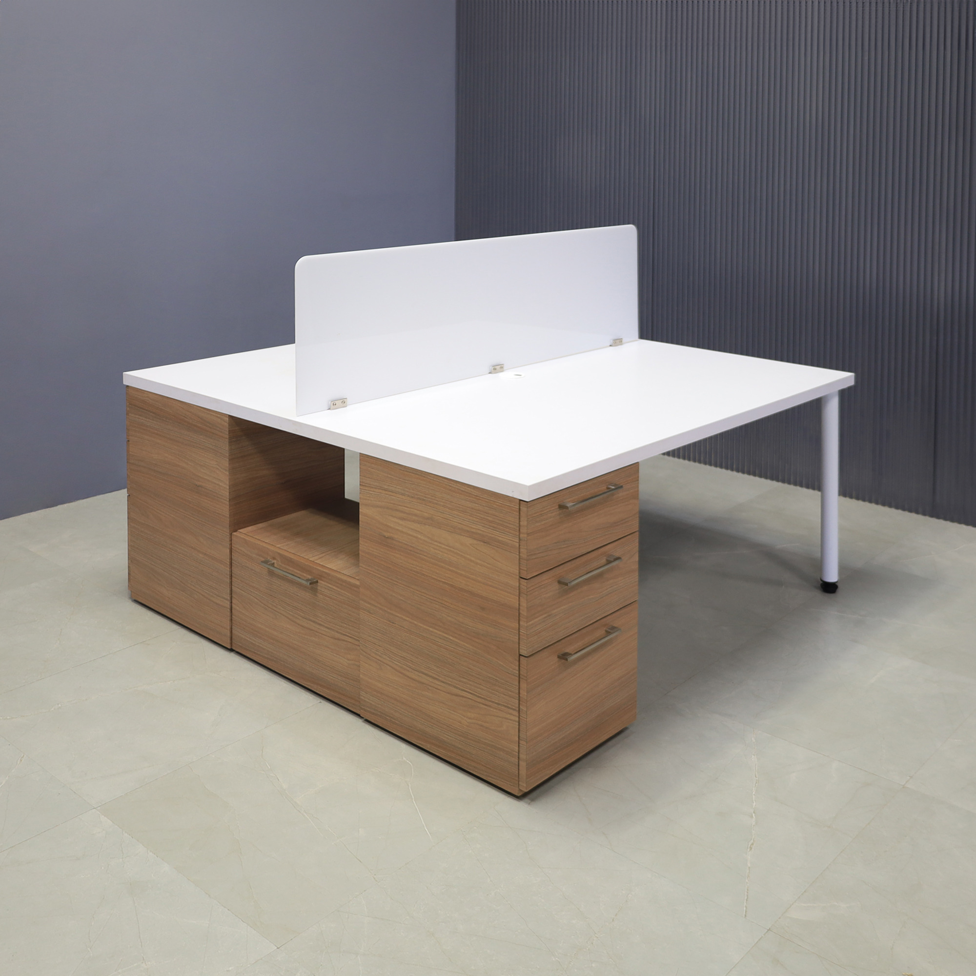60x60-inches Dallas Workstation With Storage in white matte laminate top, uptown walnut matte laminate storages, 1/4-inch frosted acrylic partition,  and white special legs.