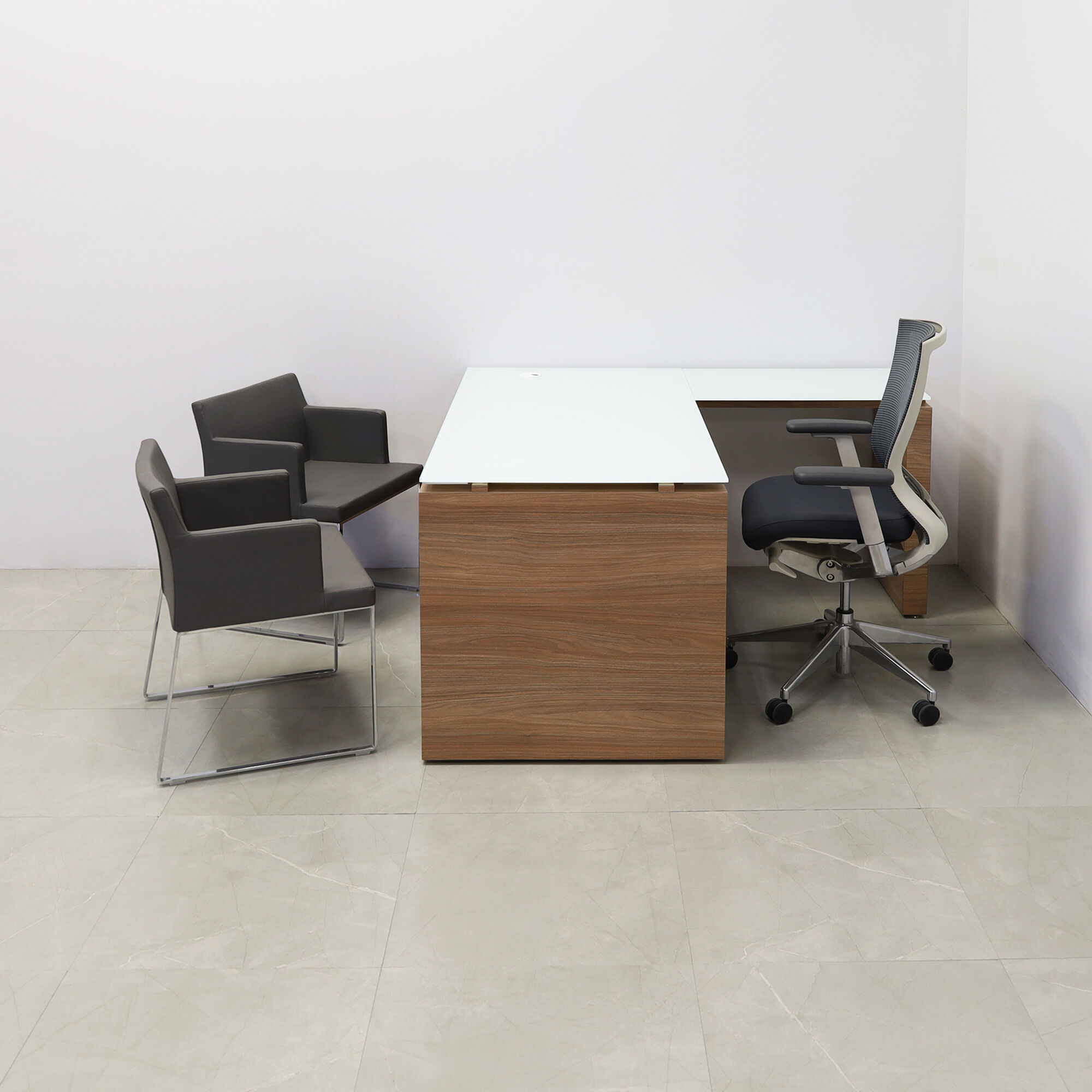 60-inch Denver L-Shape Executive Desk with return & cabinet on the right side when sitting, in 1/2