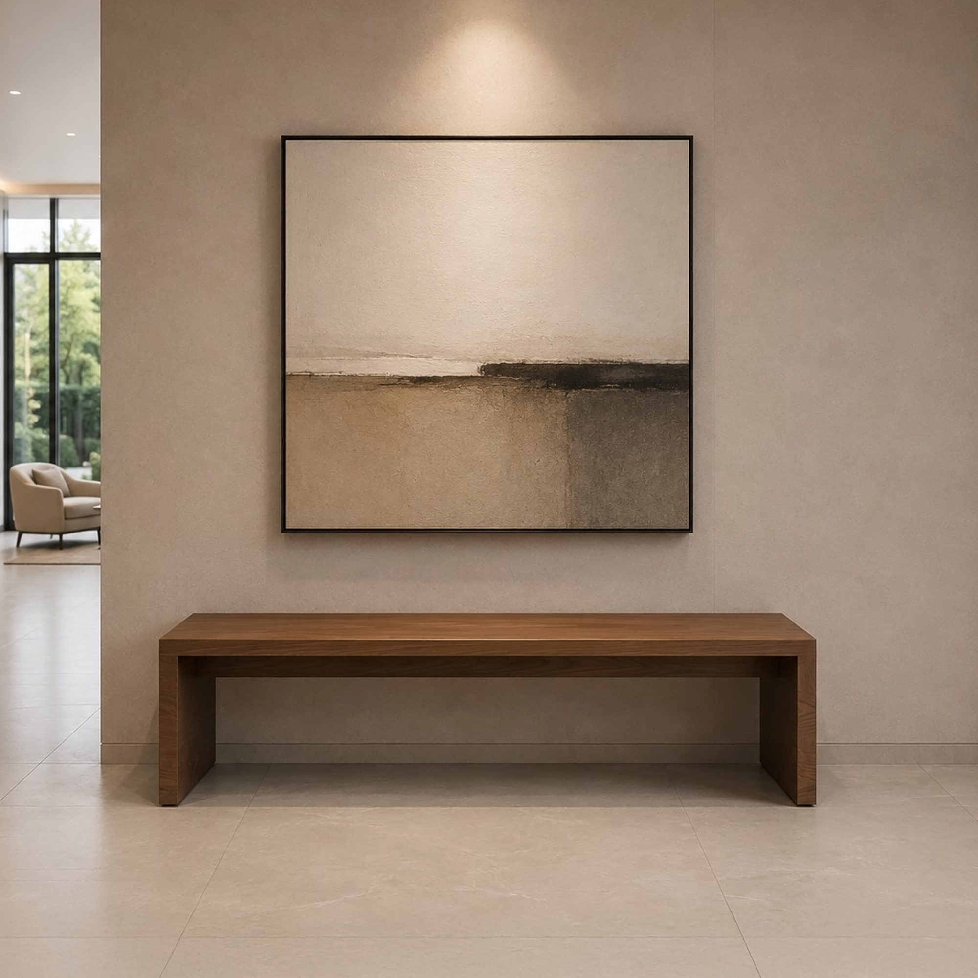 64-inch Astoria Bench with American Walnut Veneer finish.