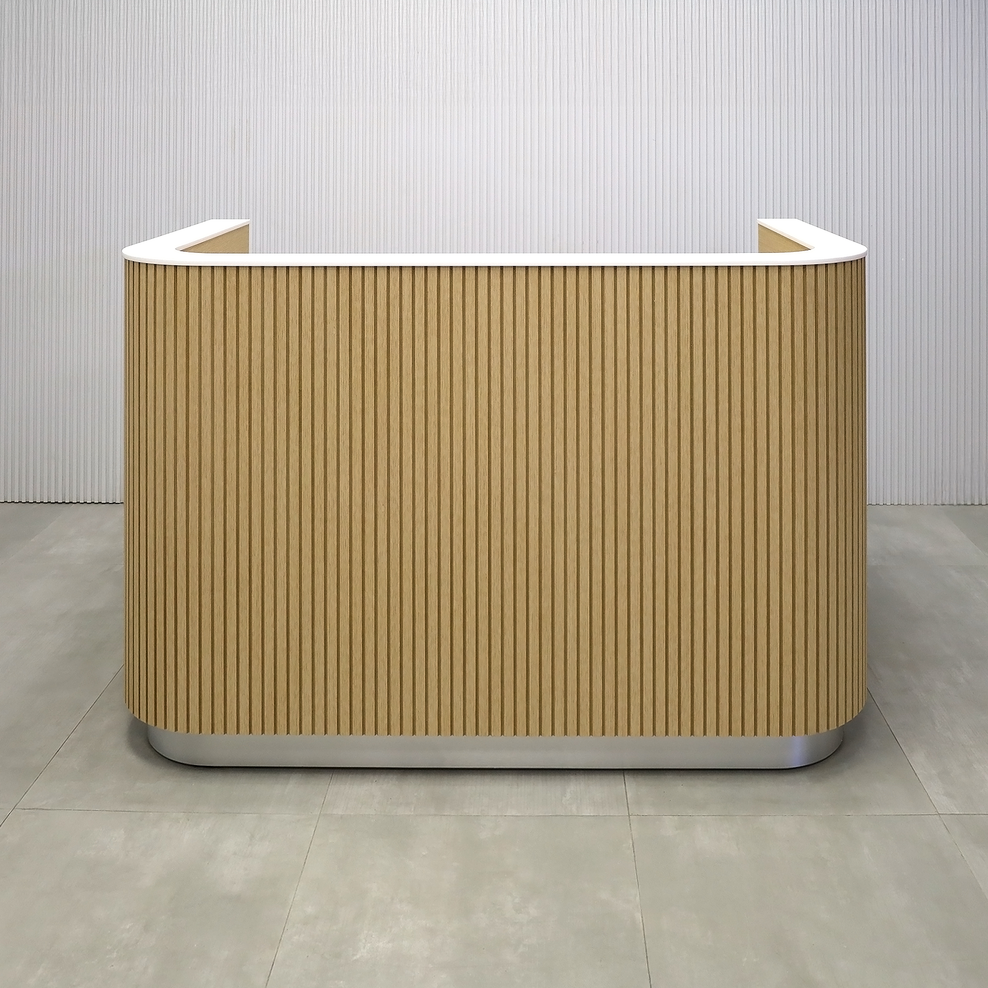 60-inch Nola Reception Desk with White Oak Tambour desk, White Oak wood Veneer Workspace, and White Solid Engineered Surface top.