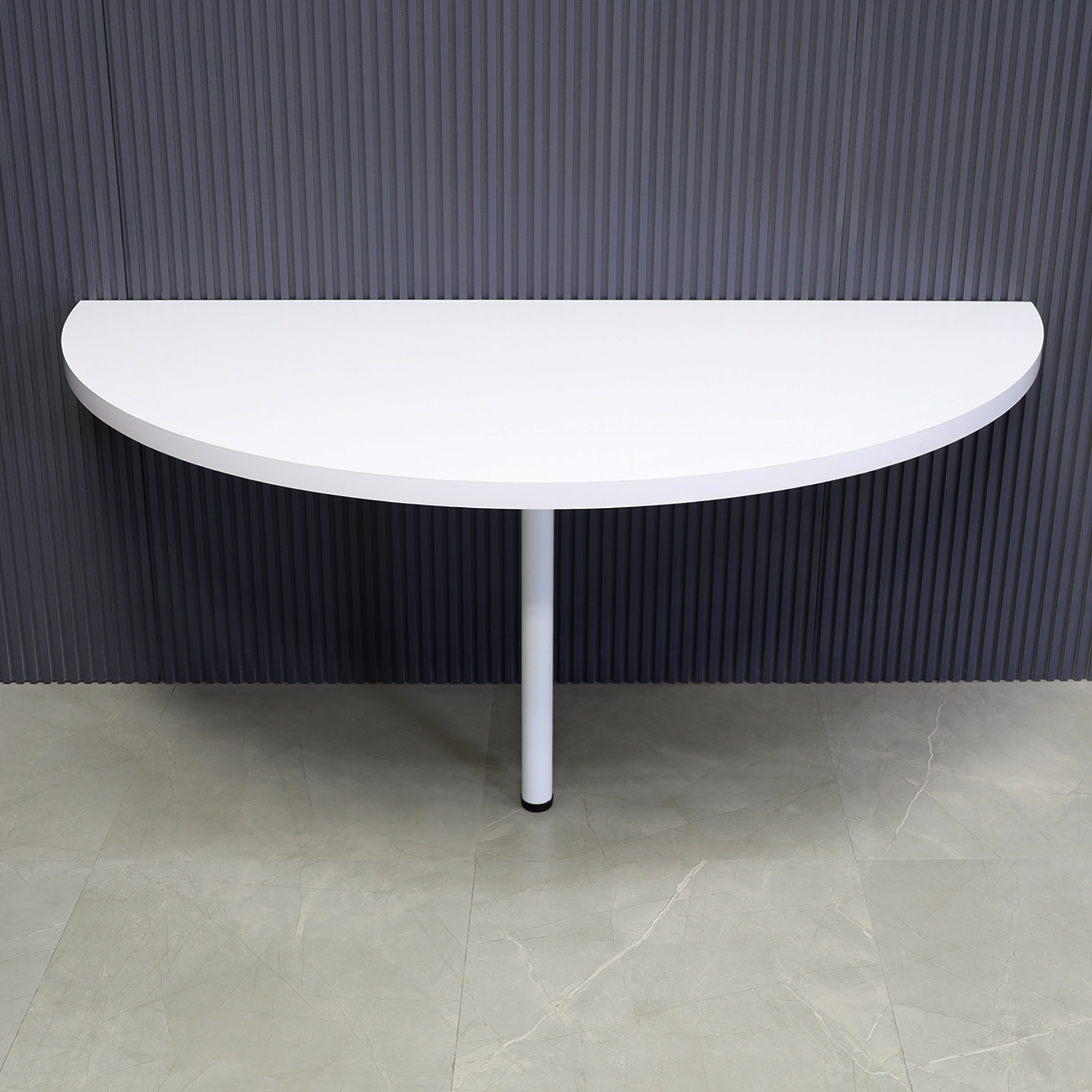 64-inch Westin Half Moon Training Table in white gloss laminate top and white aluminum leg shown here.