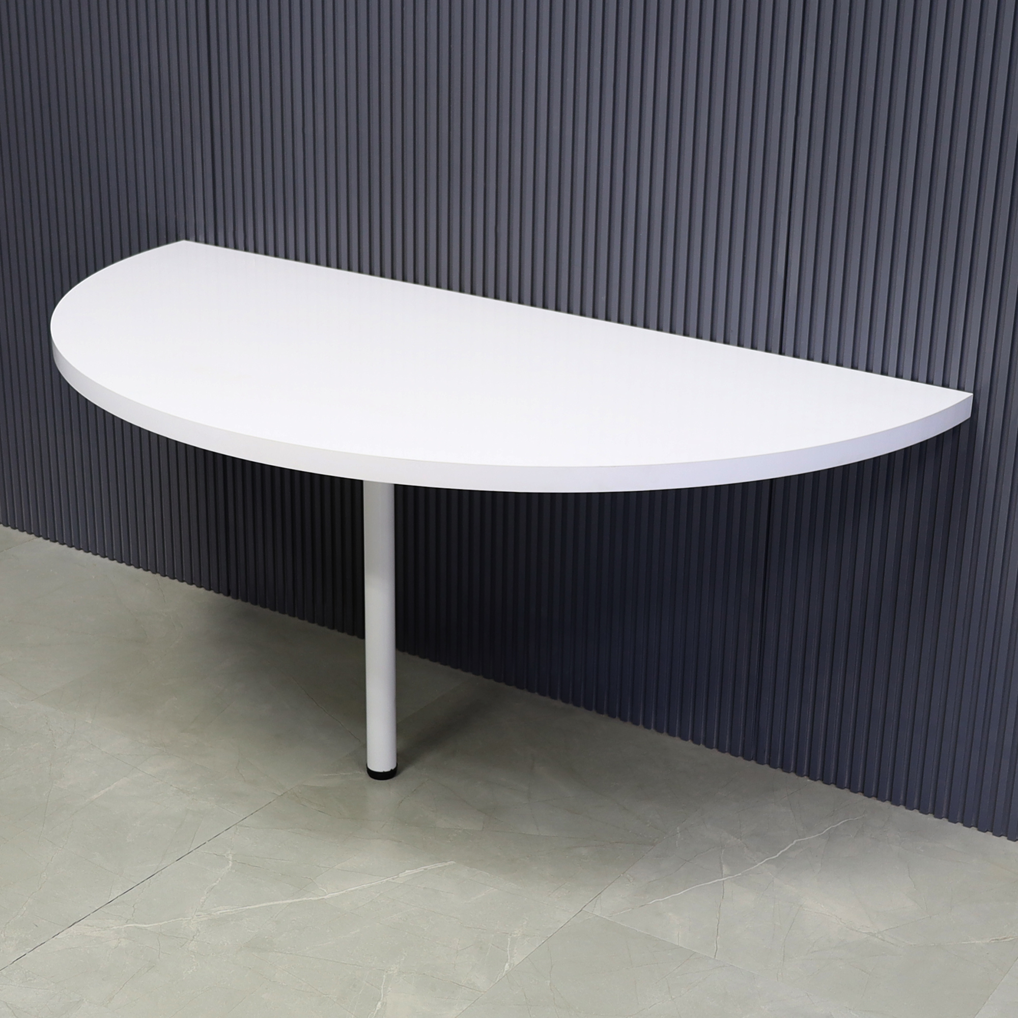 64-inch Westin Half Moon Training Table in white gloss laminate top and white aluminum leg shown here.