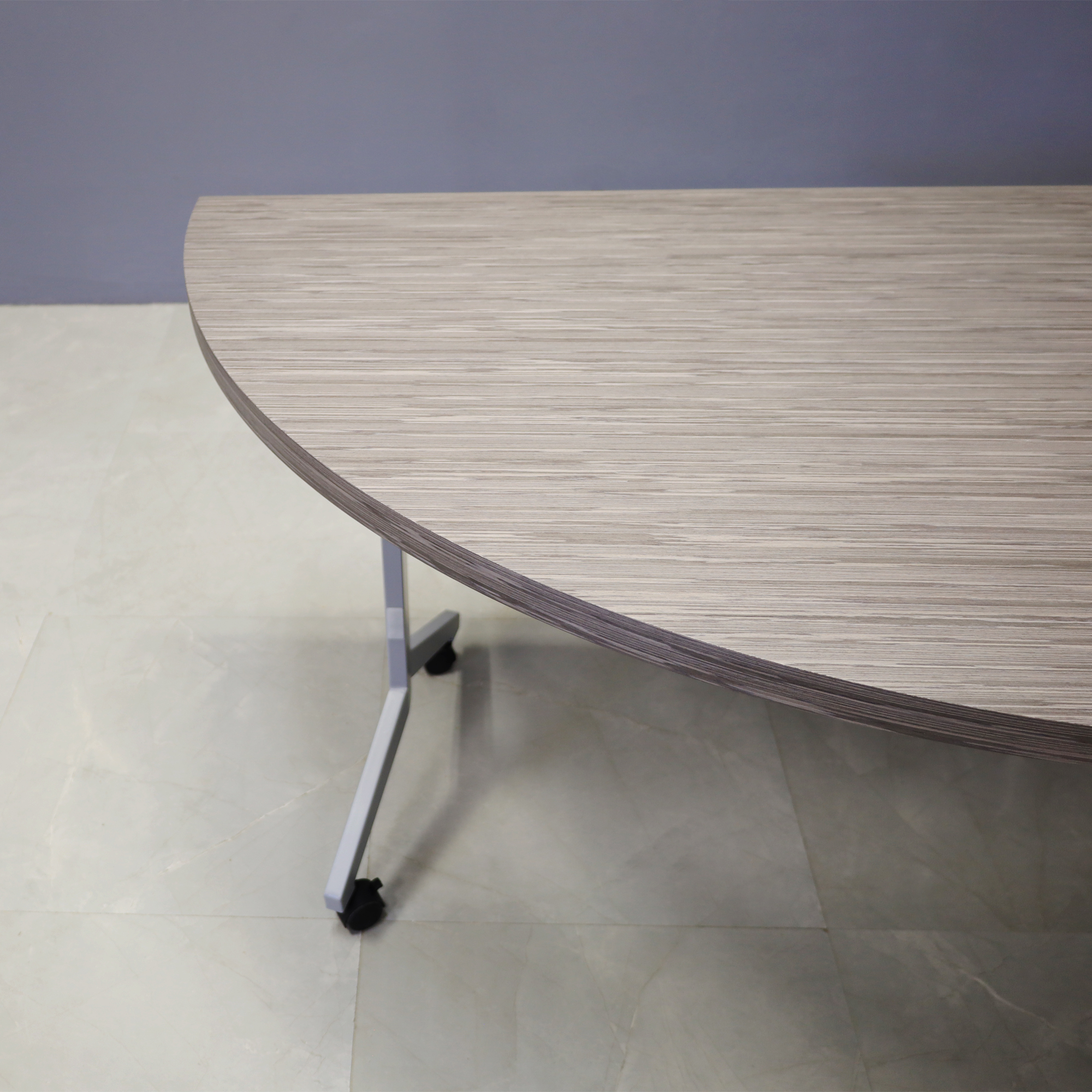 64-inch Westin Half Moon Training Table in special laminate top and silver metal frame shown here.
