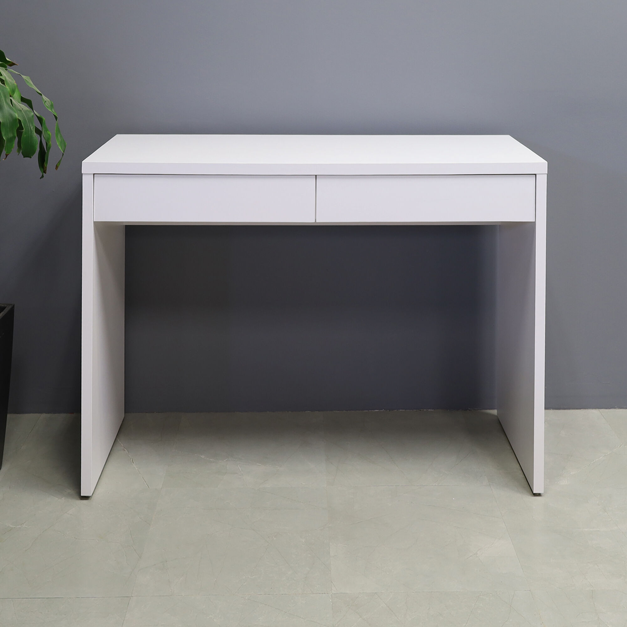 65-inch Ashville Bar Table with Storage in white matte laminate finish.