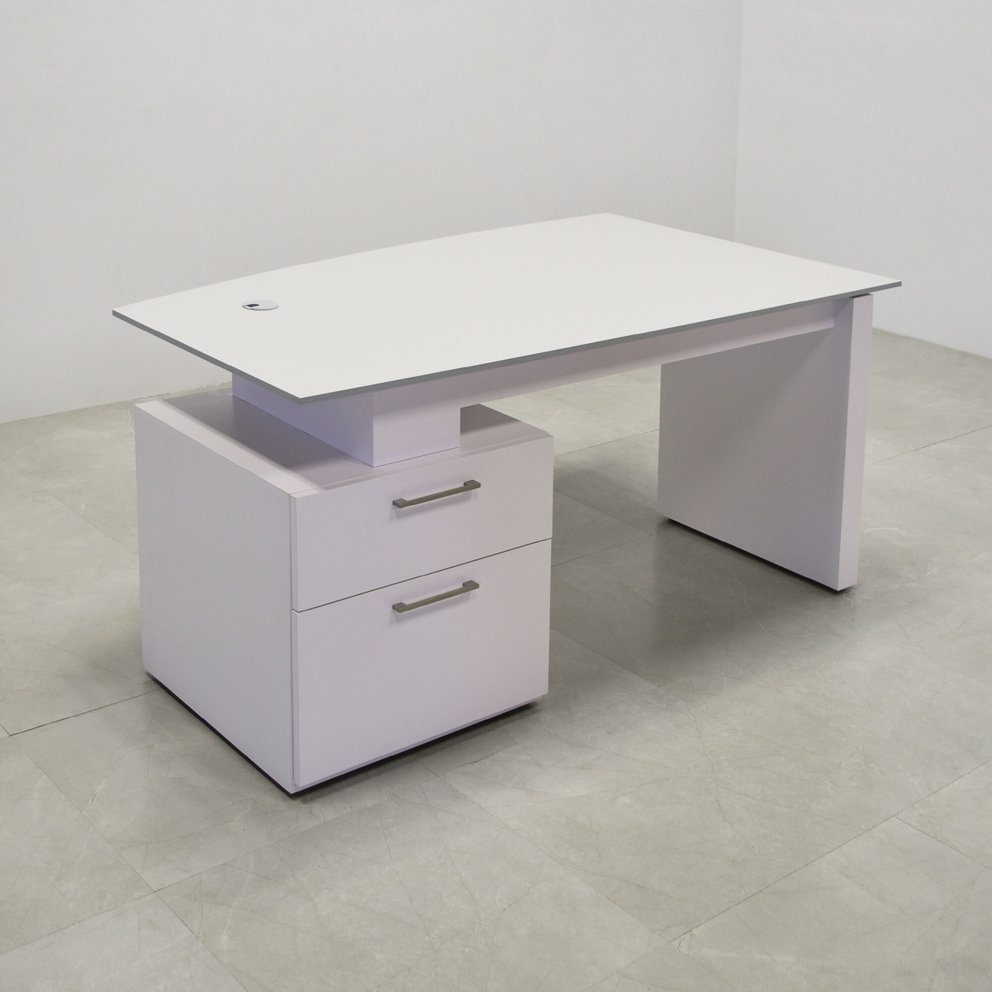 68-inch Avenue Curved Executive Desk in 1/2-inch gray traceless engineered surface top, and white matte laminate base & cabinet on the left side when sitting.