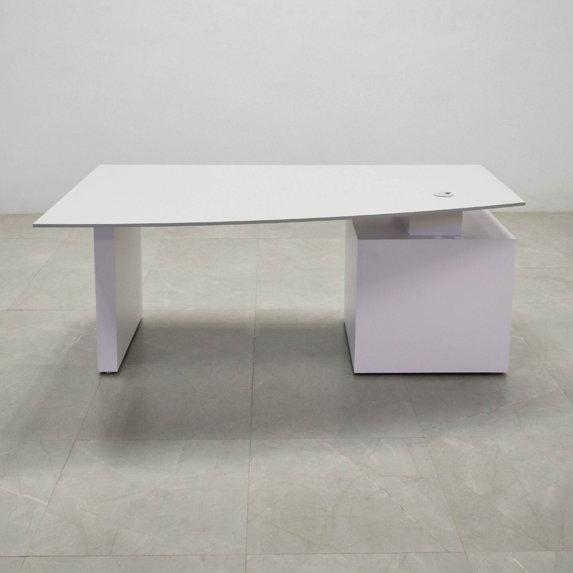 68-inch Avenue Curved Executive Desk in 1/2-inch gray traceless engineered surface top, and white matte laminate base & cabinet on the left side when sitting.