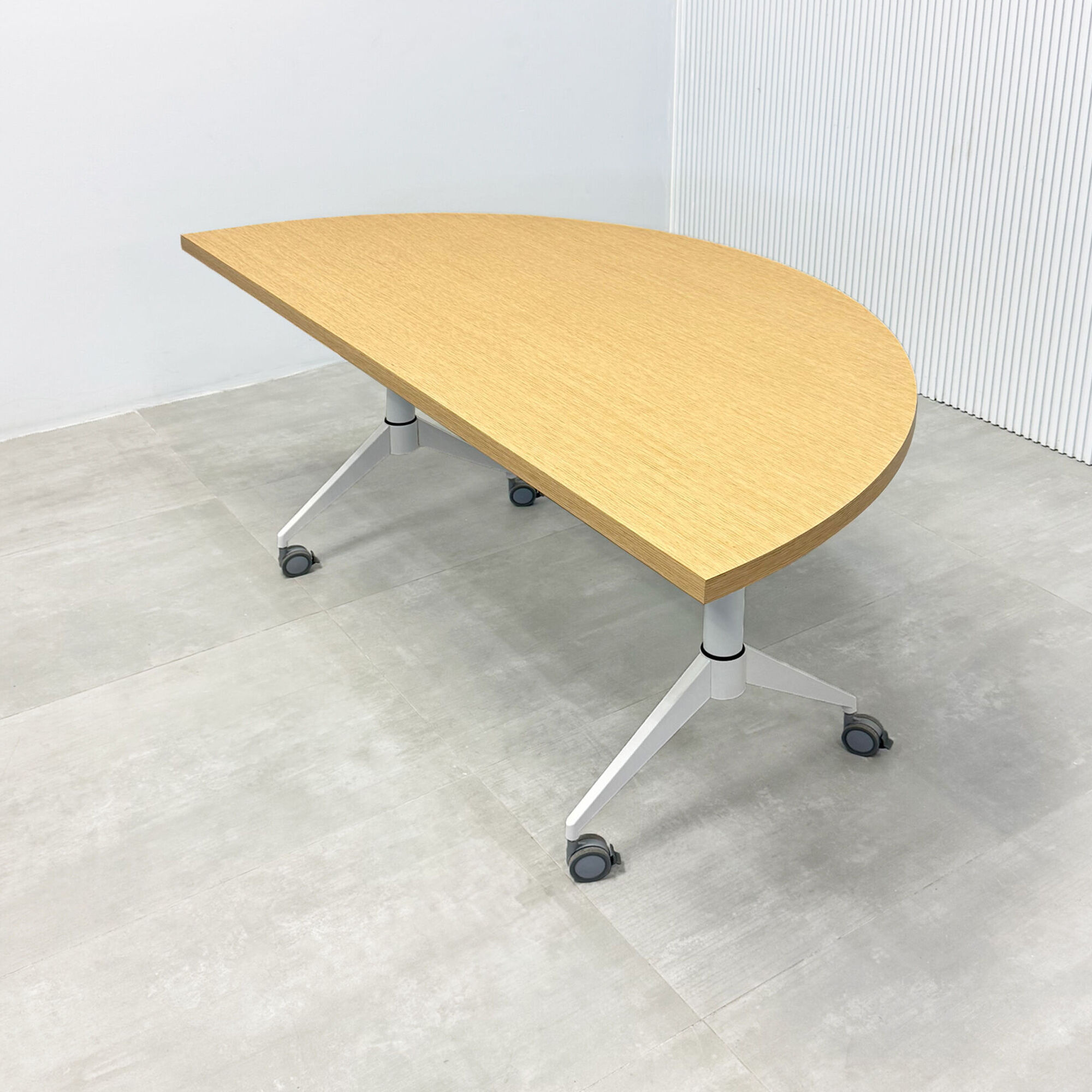 68-inch Westing Half Moon Training Table with white oak wood veneer top and white metal base.