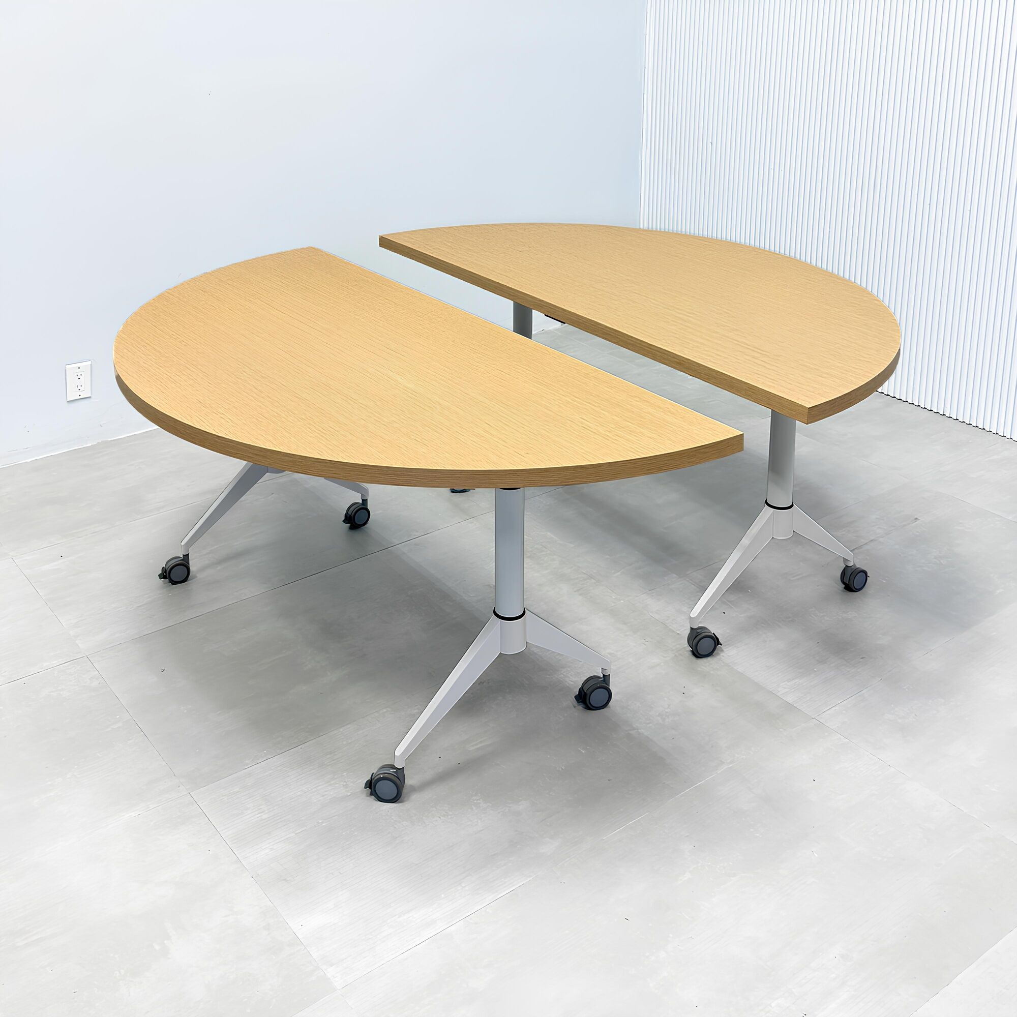 68-inch Westing Half Moon Training Table with white oak wood veneer top and white metal base.