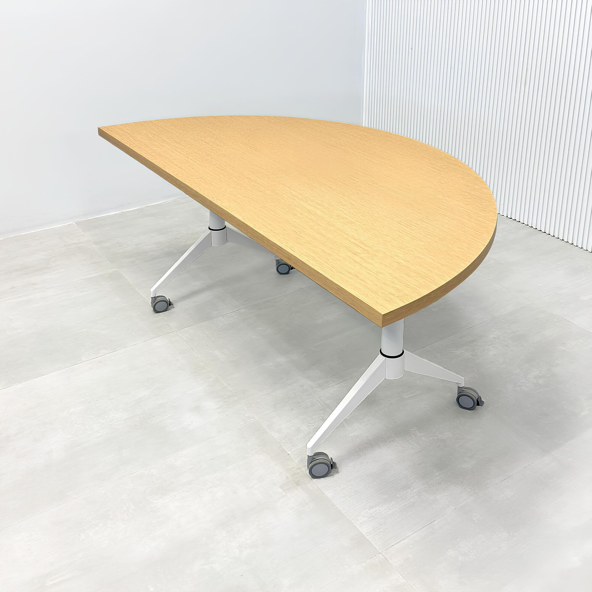 68-inch Westing Half Moon Training Table with white oak wood veneer top and white metal base.