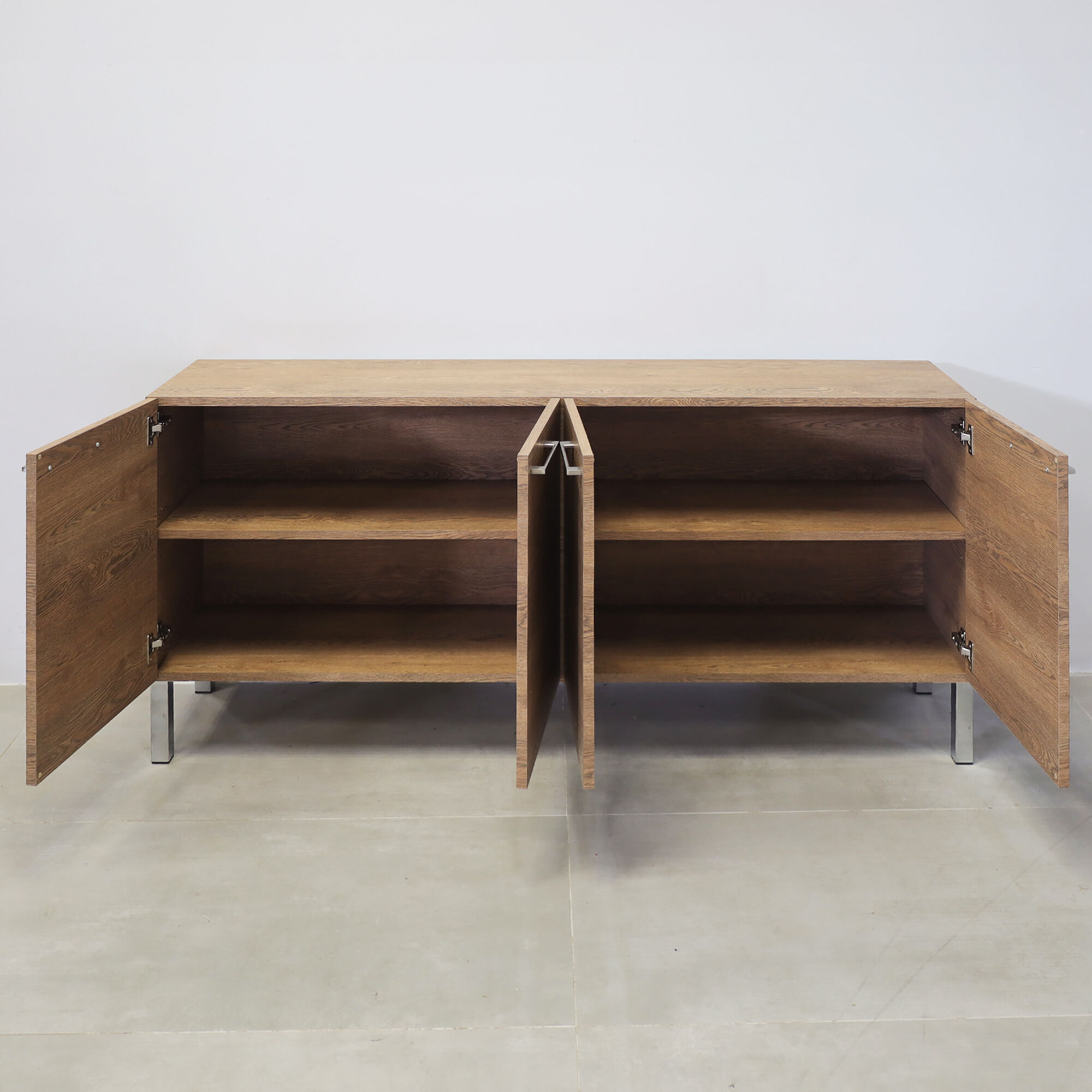 69 ½-inch Naples Custom Storage Credenza with fisher oak laminate credenza & doors, and metal legs.