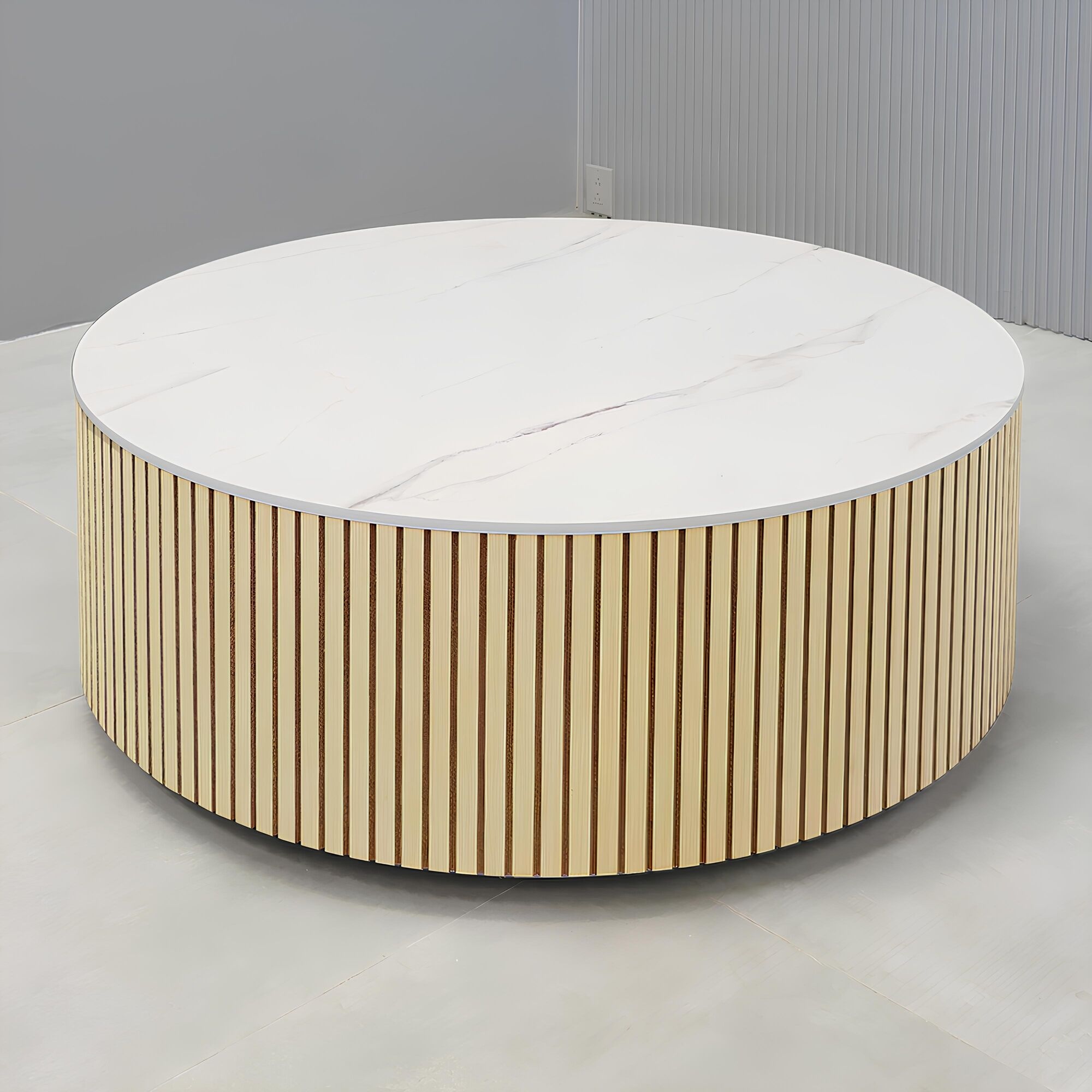 42-inch Norfolk Round Lobby Table with solenne marble top and maple tambour