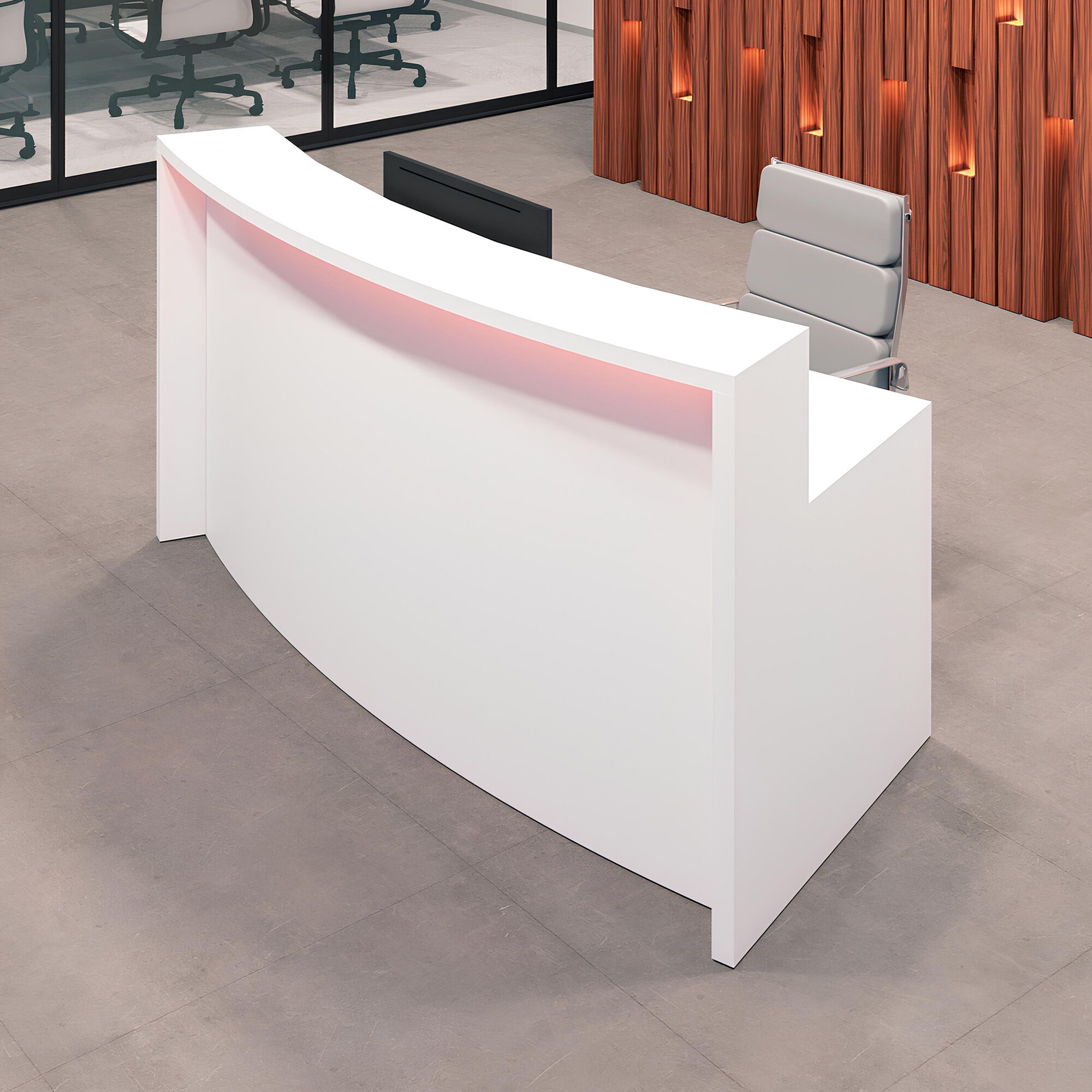 72-inch Seattle X1 Custom Reception Desk in white gloss laminate desk and curved front panel, with multi-colored LED, shown here.