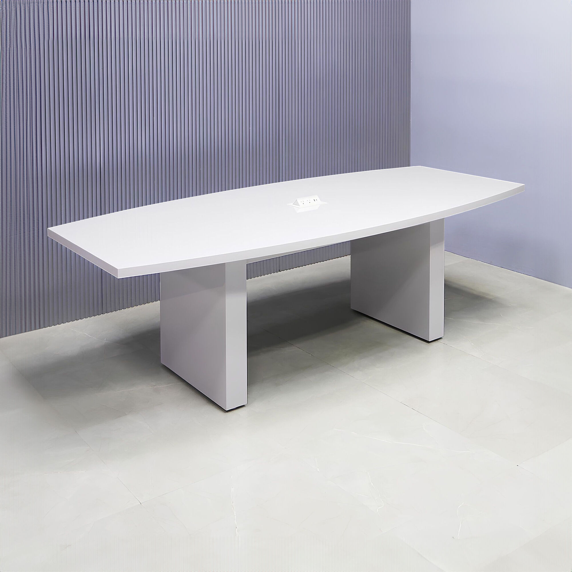 90-inch Newton Boat Shape Conference Table in white gloss laminate top & standard base, and white MX2 power box.