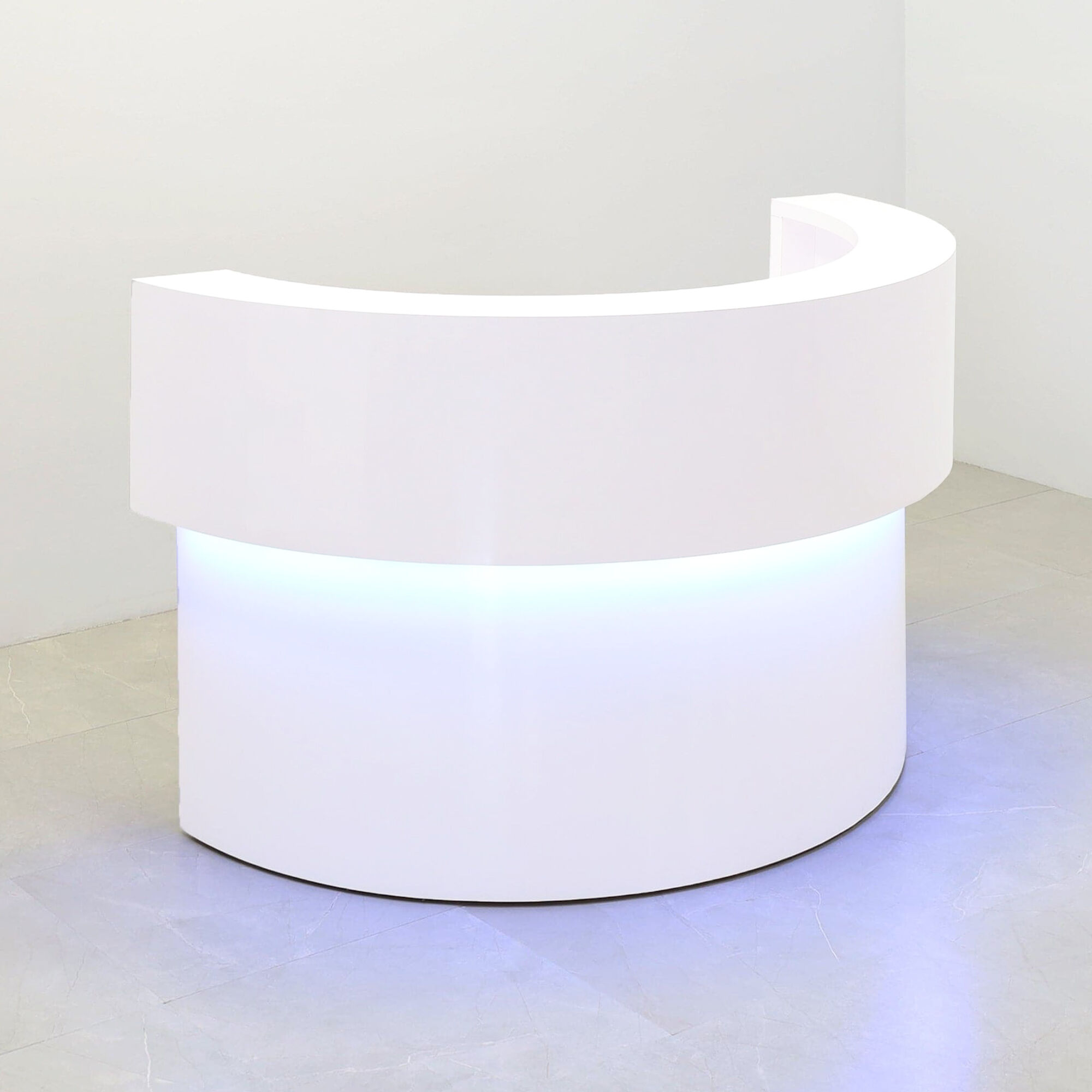 Boca Half Moon Reception Desk in White Gloss Laminate Desk, with multi-colored LED shown here.