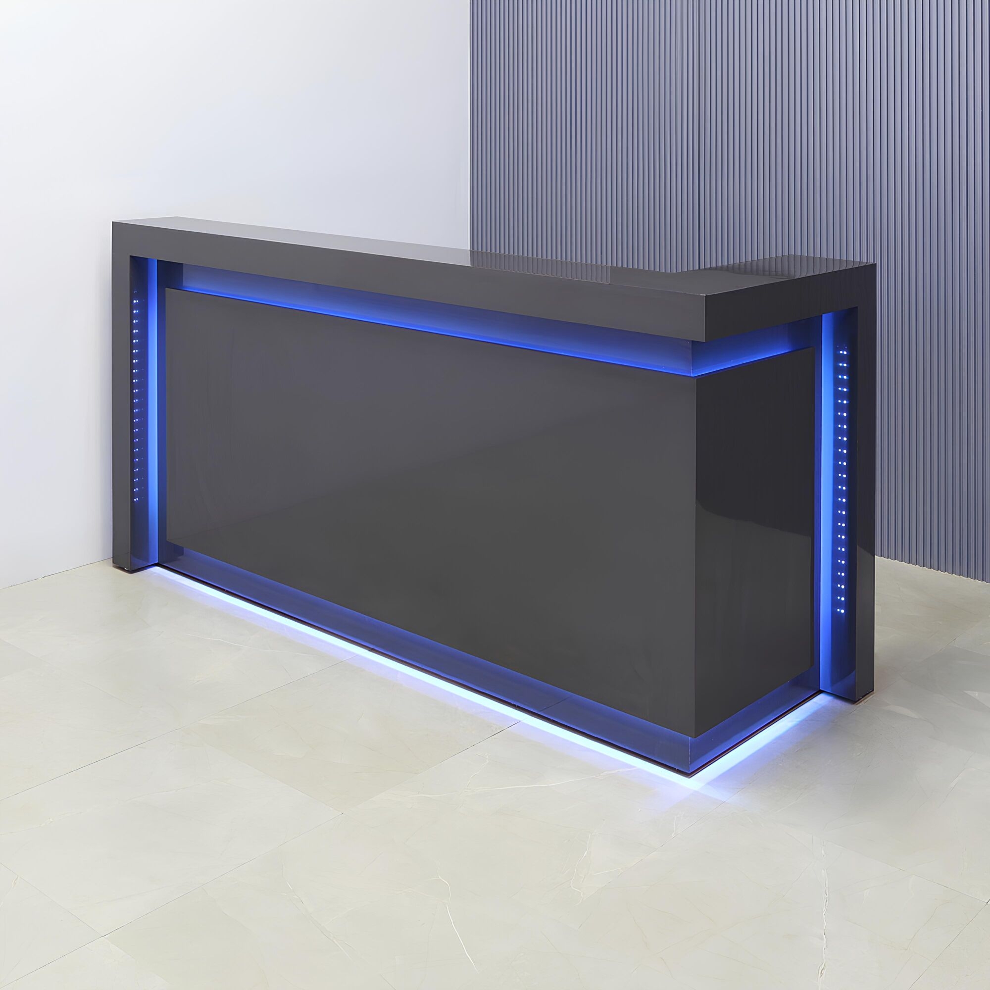 84-inch New York L-Shape Custom Reception Desk, right side l-panel when facing front, in white gloss laminate desk, with color LED, shown here.