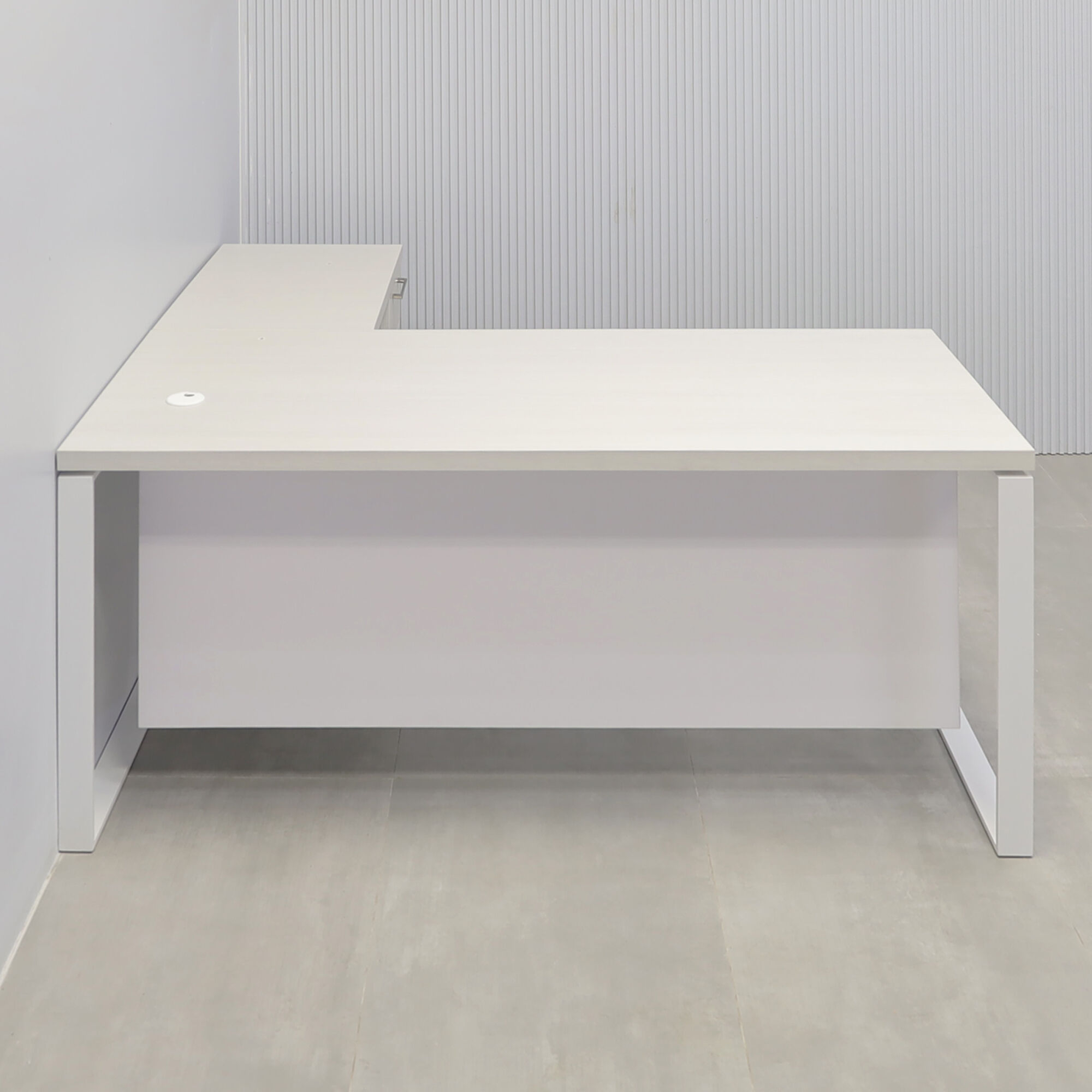 70x65-inch Aspen L-Shape Executive Desk in white ash laminate top, white powder coated metal legs, dover off-white laminate privacy panel, white ash laminate credenza.