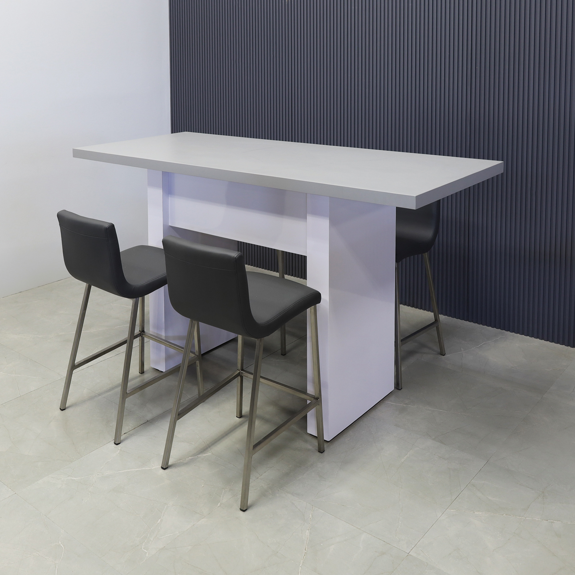 72-inch width x 42-inch height, Windsor Laminate Collaboration Table in fog gray matte laminate top and white gloss laminate base, shown here.
