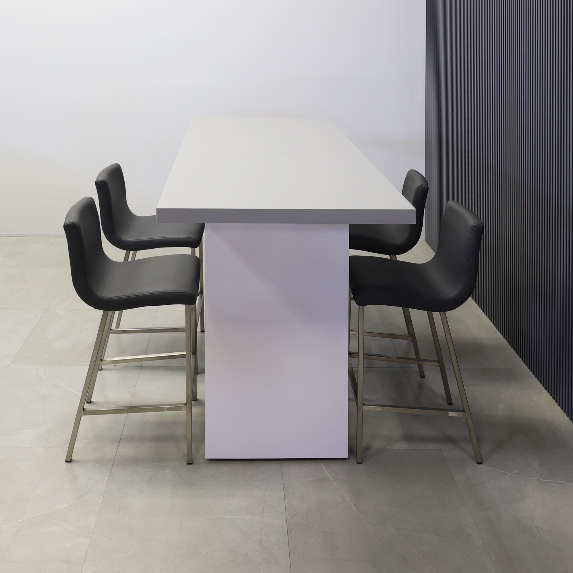 72-inch width x 42-inch height, Windsor Laminate Collaboration Table in fog gray matte laminate top and white gloss laminate base, shown here.